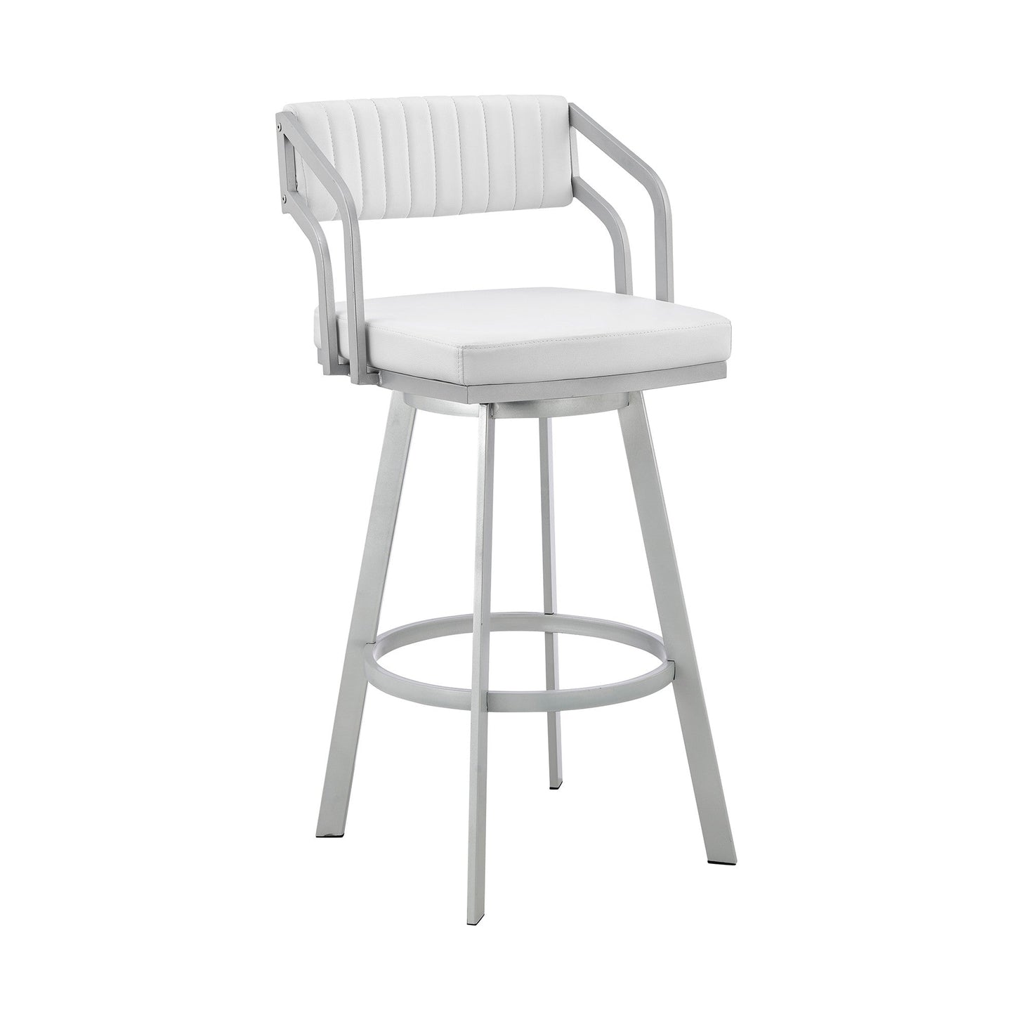 Benzara BM282052 Lyla 26" White and Silver Counter Height Stool with Swivel Feature and Faux Leather Seat