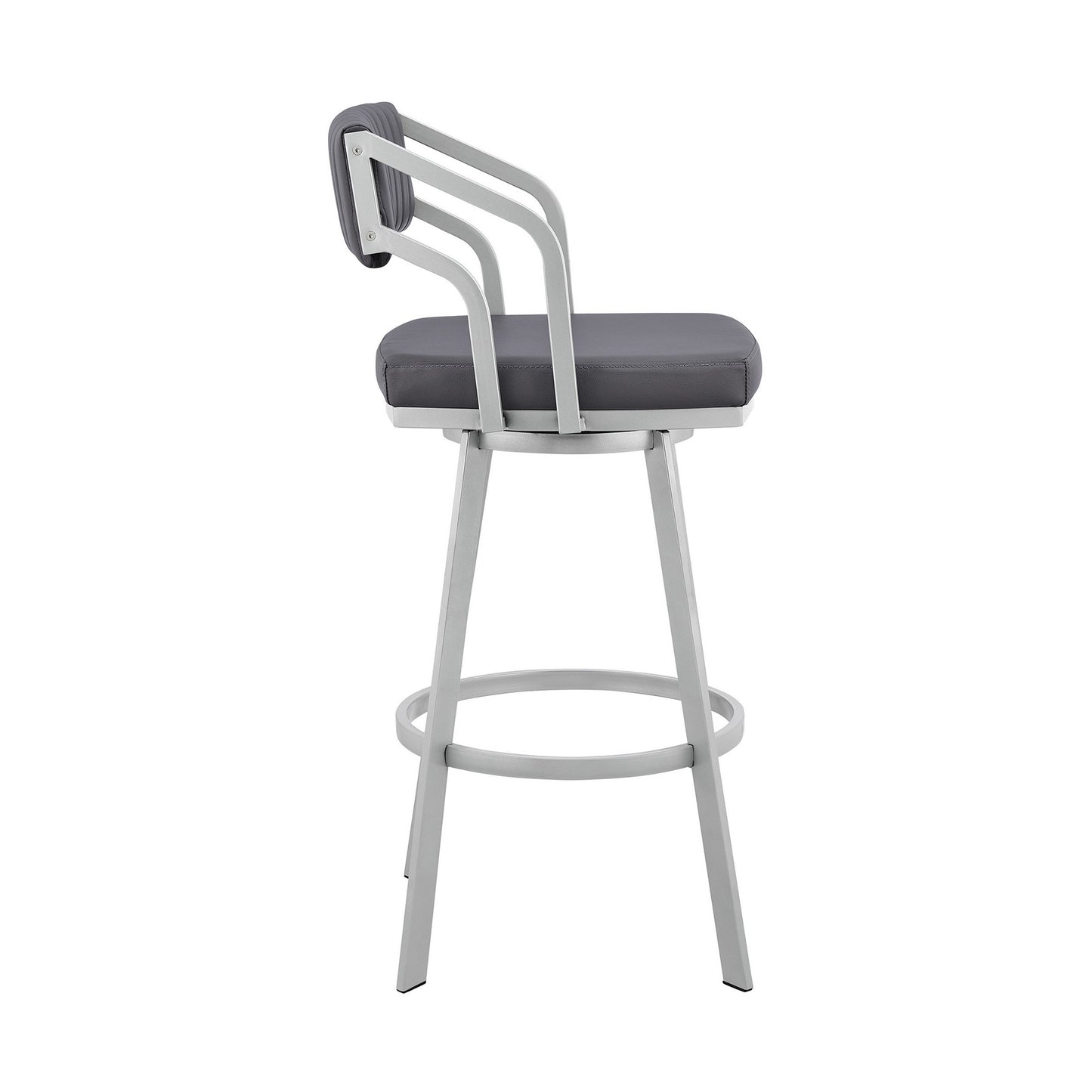 Benzara BM282057 Lyla 30" Gray and Silver Metal Bar Stool with Swivel Feature and Vegan Faux Leather Seat