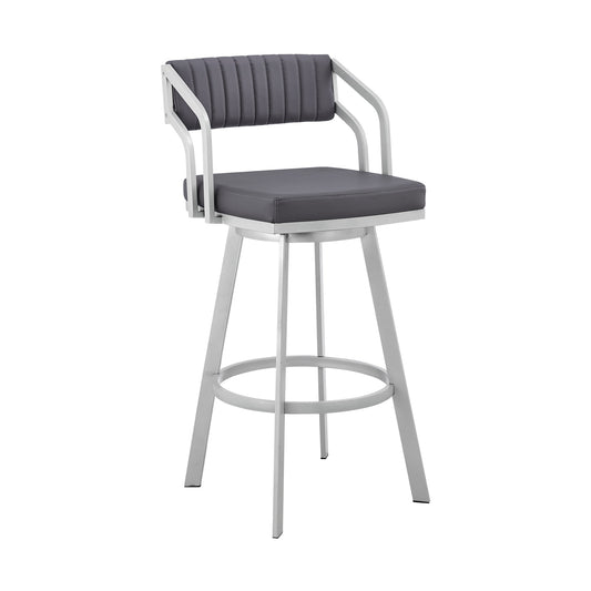 Benzara BM282057 Lyla 30" Gray and Silver Metal Bar Stool with Swivel Feature and Vegan Faux Leather Seat