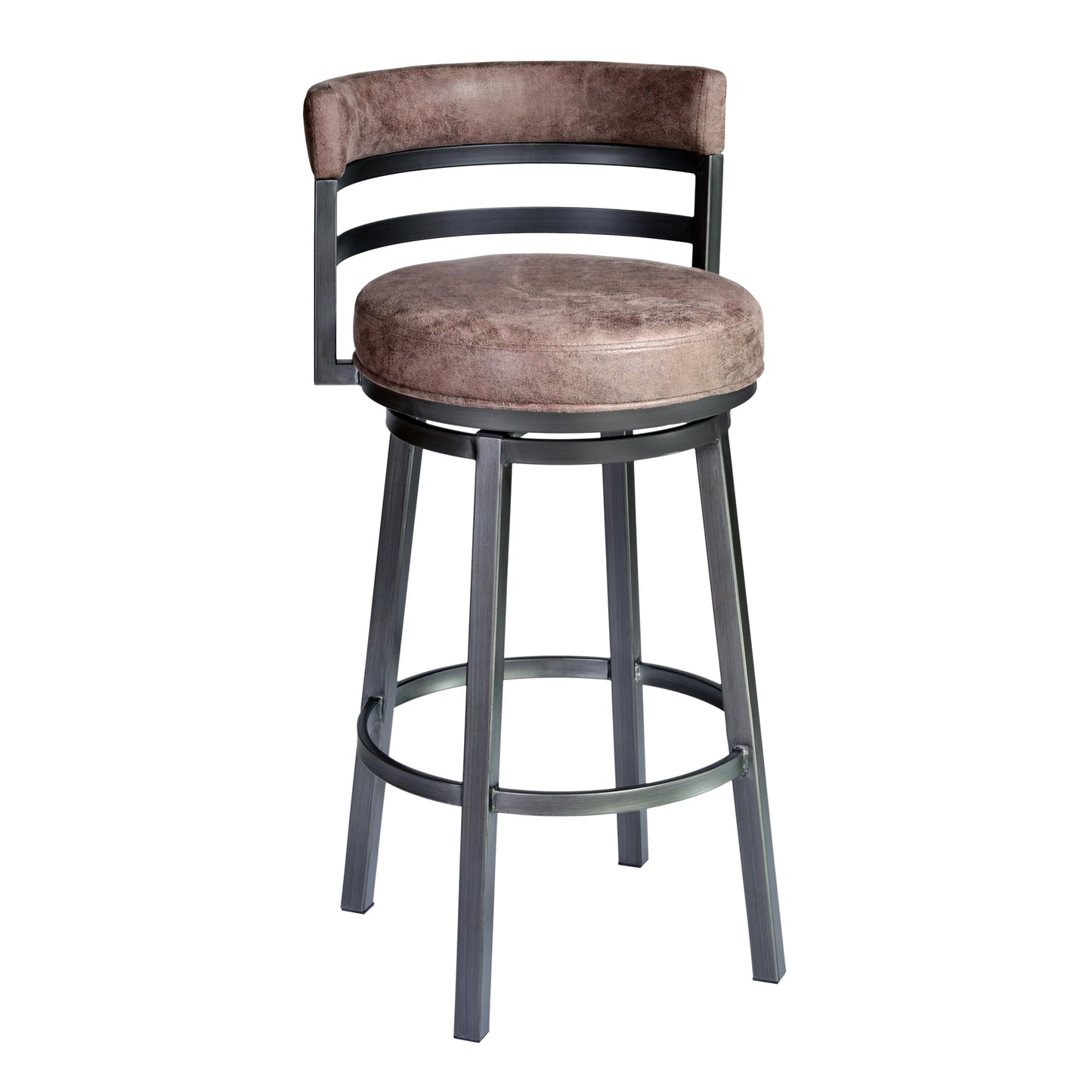 Benzara BM282061 Eva 30" Swivel Counter Stool with Curved Back in Vegan Leather and Washed Brown Finish