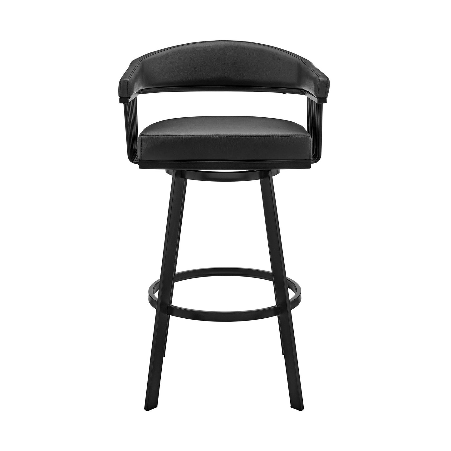 Benzara BM282070 Oliver 30" Black Modern Bar Stool with Vegan Faux Leather Seat, Slatted Design, and Swivel Feature