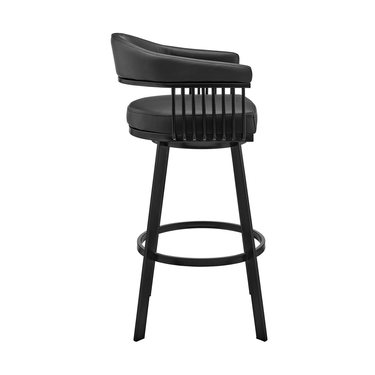 Benzara BM282070 Oliver 30" Black Modern Bar Stool with Vegan Faux Leather Seat, Slatted Design, and Swivel Feature