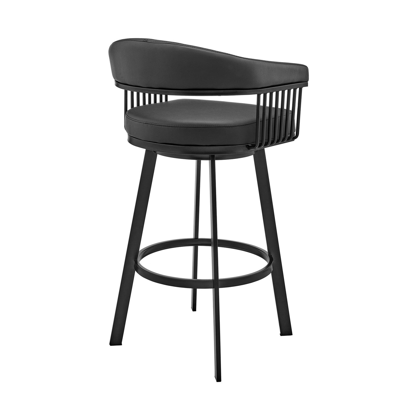 Benzara BM282070 Oliver 30" Black Modern Bar Stool with Vegan Faux Leather Seat, Slatted Design, and Swivel Feature