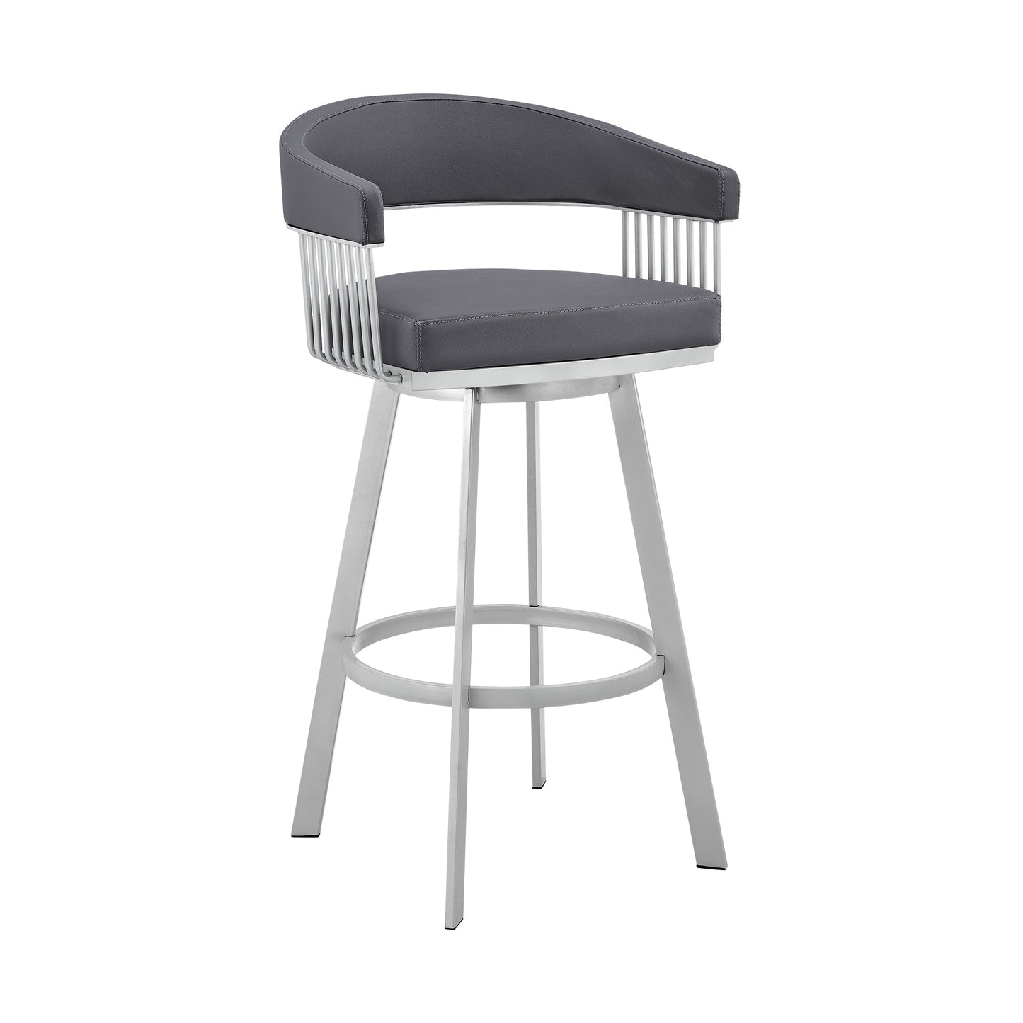 Benzara BM282074 Oliver 26" Gray and Silver Modern Counter Stool with Faux Leather Seat and Swivel Feature