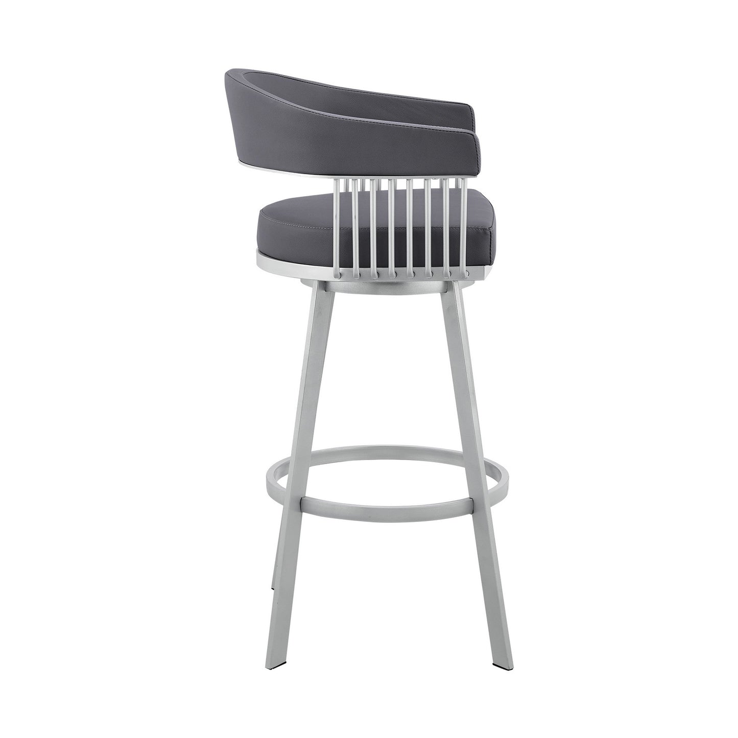 Benzara BM282076 Oliver 30" Slate Gray and Silver Modern Bar Stool with Faux Leather Seat and Swivel Feature