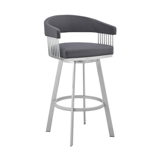 Benzara BM282076 Oliver 30" Slate Gray and Silver Modern Bar Stool with Faux Leather Seat and Swivel Feature