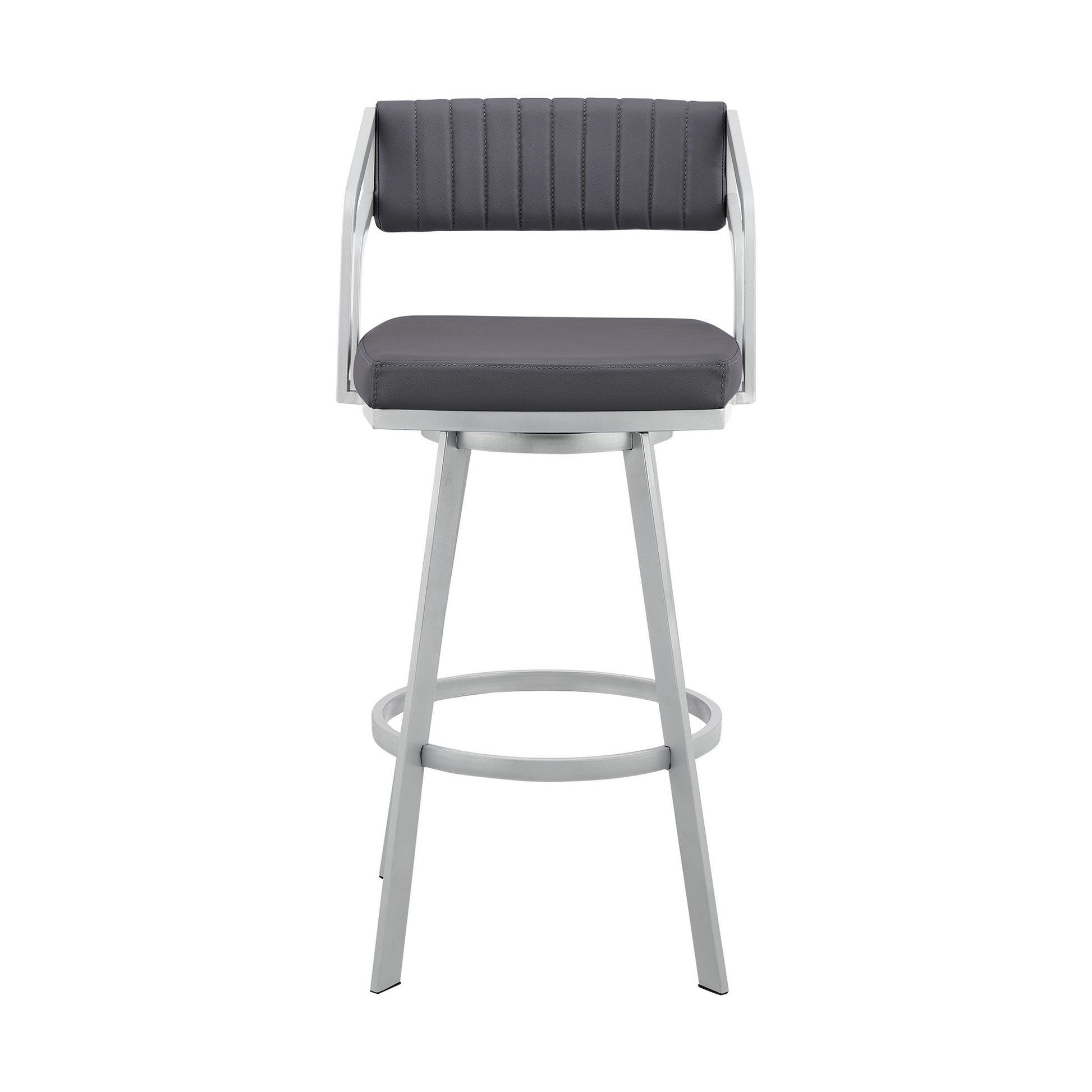 Benzara BM282087 Blake 30" Silver and Gray Faux Leather Swivel Bar Stool with Open Back