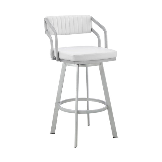 Benzara BM282093 Blake 26" Silver and White Faux Leather Swivel Counter Stool with Open Back