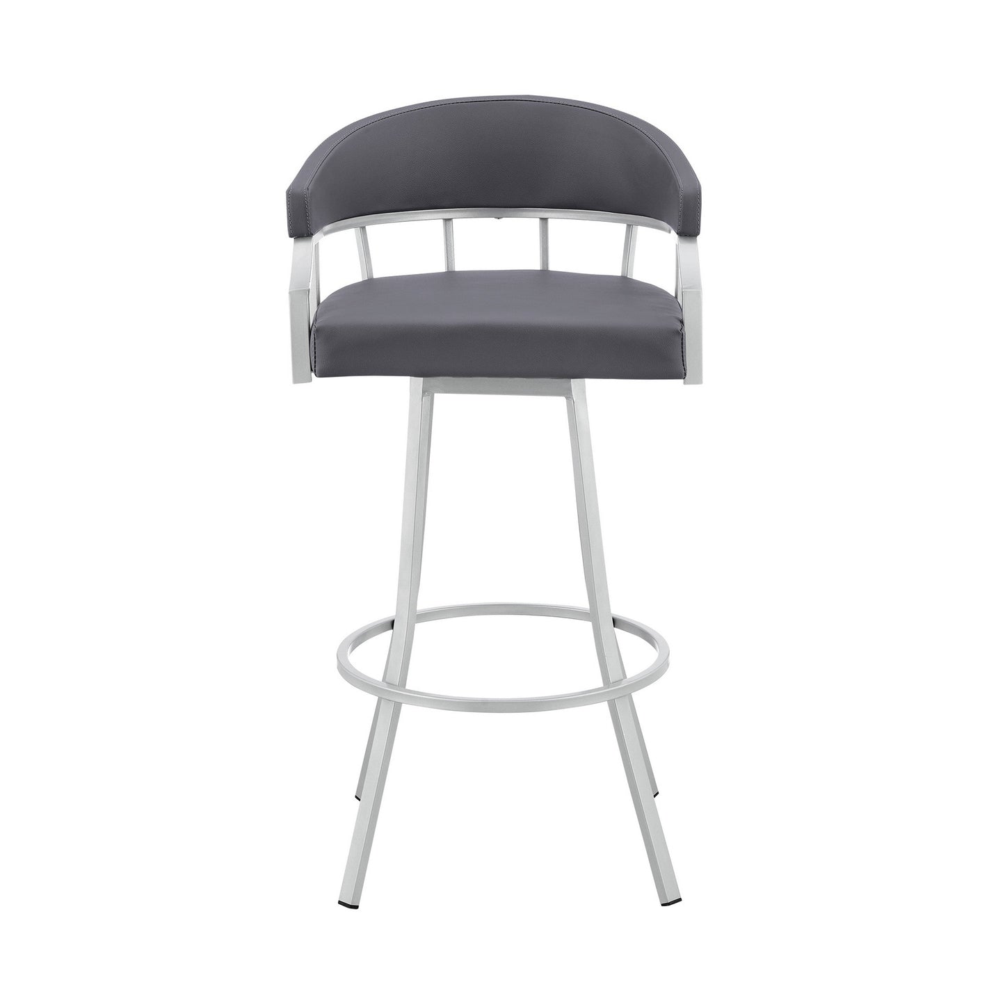 Benzara BM282097 Mayla 30" Gray Faux Leather Swivel Bar Stool with Silver Flared Legs