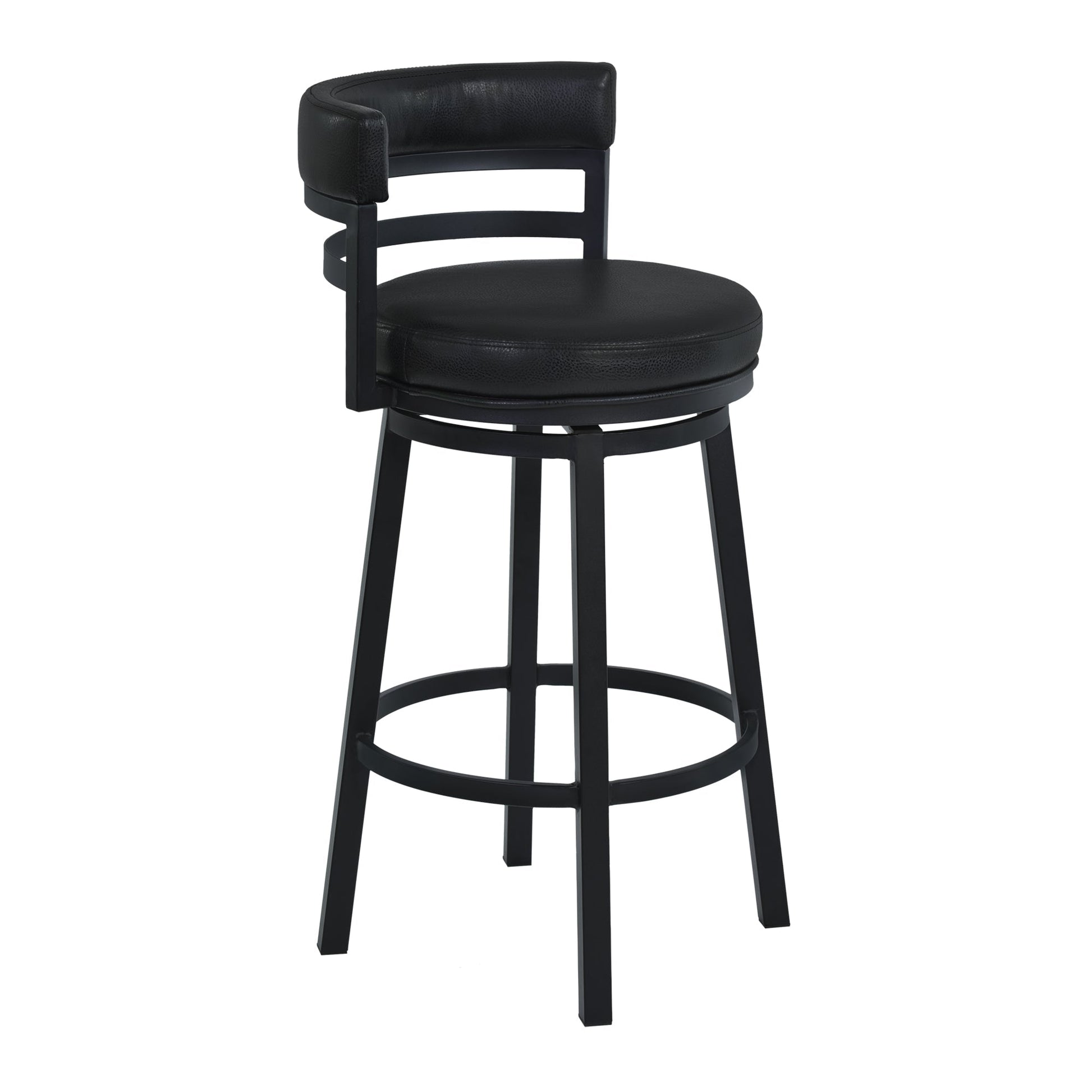 Benzara BM282105 Eva 30" Black Vegan Faux Leather Swivel Bar Stool Chair With Curved Back