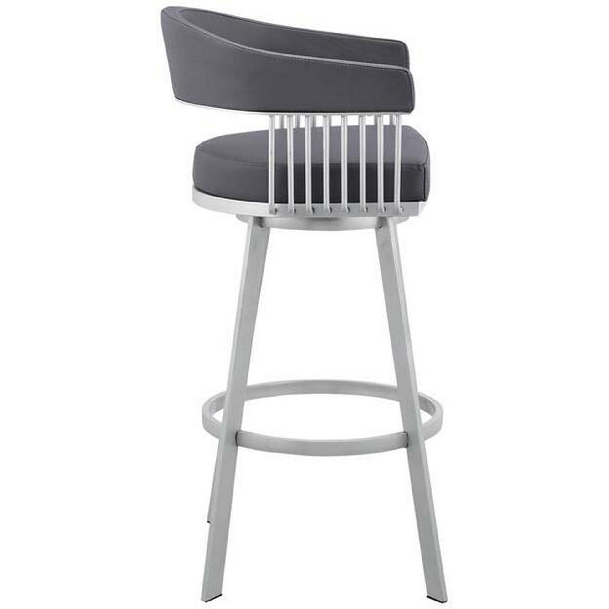 Benzara BM282113 Luci 25" Gray and Silver Vegan Faux Leather Swivel Counter Height Stool