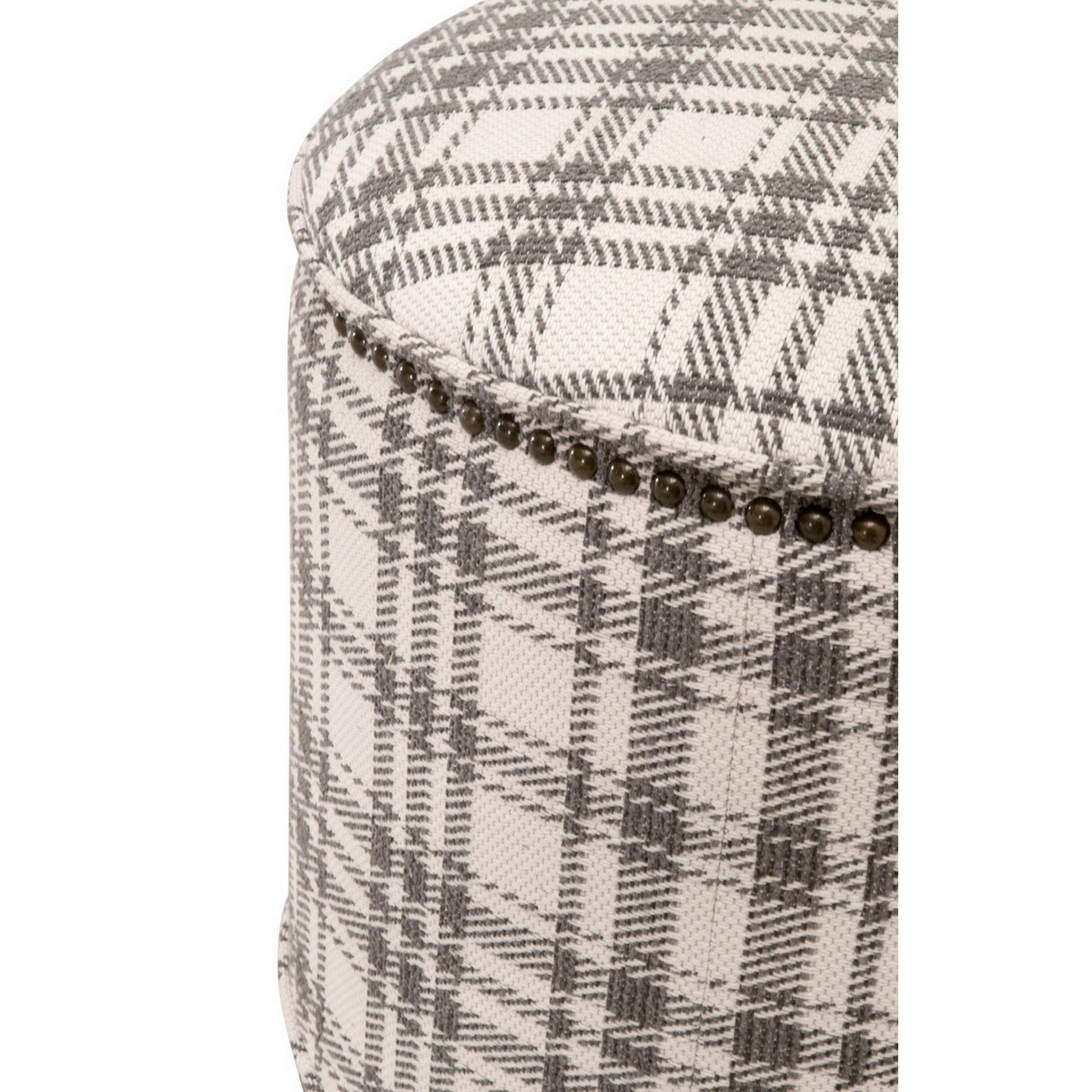 Benzara BM282131 Elly 20" Gray and White Plaid Fabric Round Ottoman with Nailhead Accents