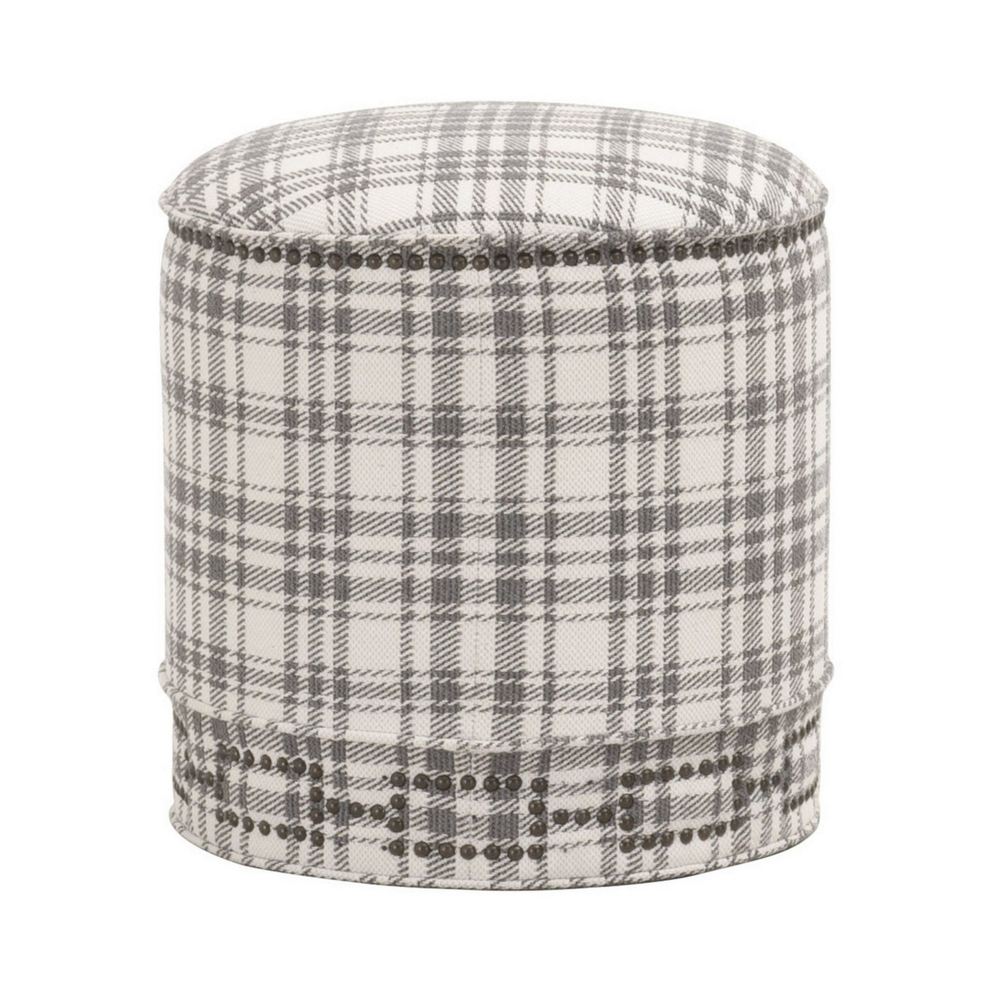 Benzara BM282131 Elly 20" Gray and White Plaid Fabric Round Ottoman with Nailhead Accents