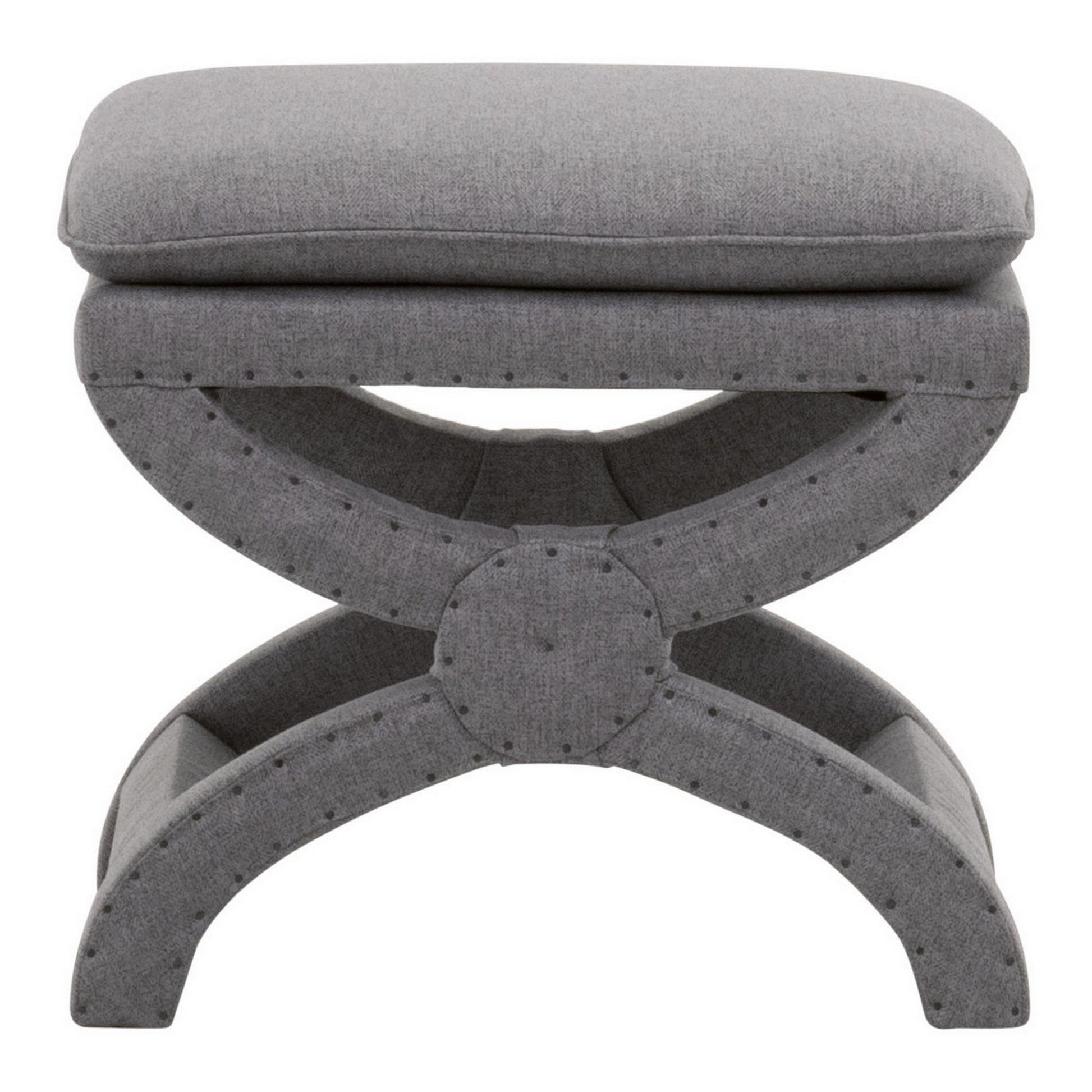 Benzara BM282132 23" Gray Fabric Upholstered Ottoman with Plush Cushion and Curved X Frame