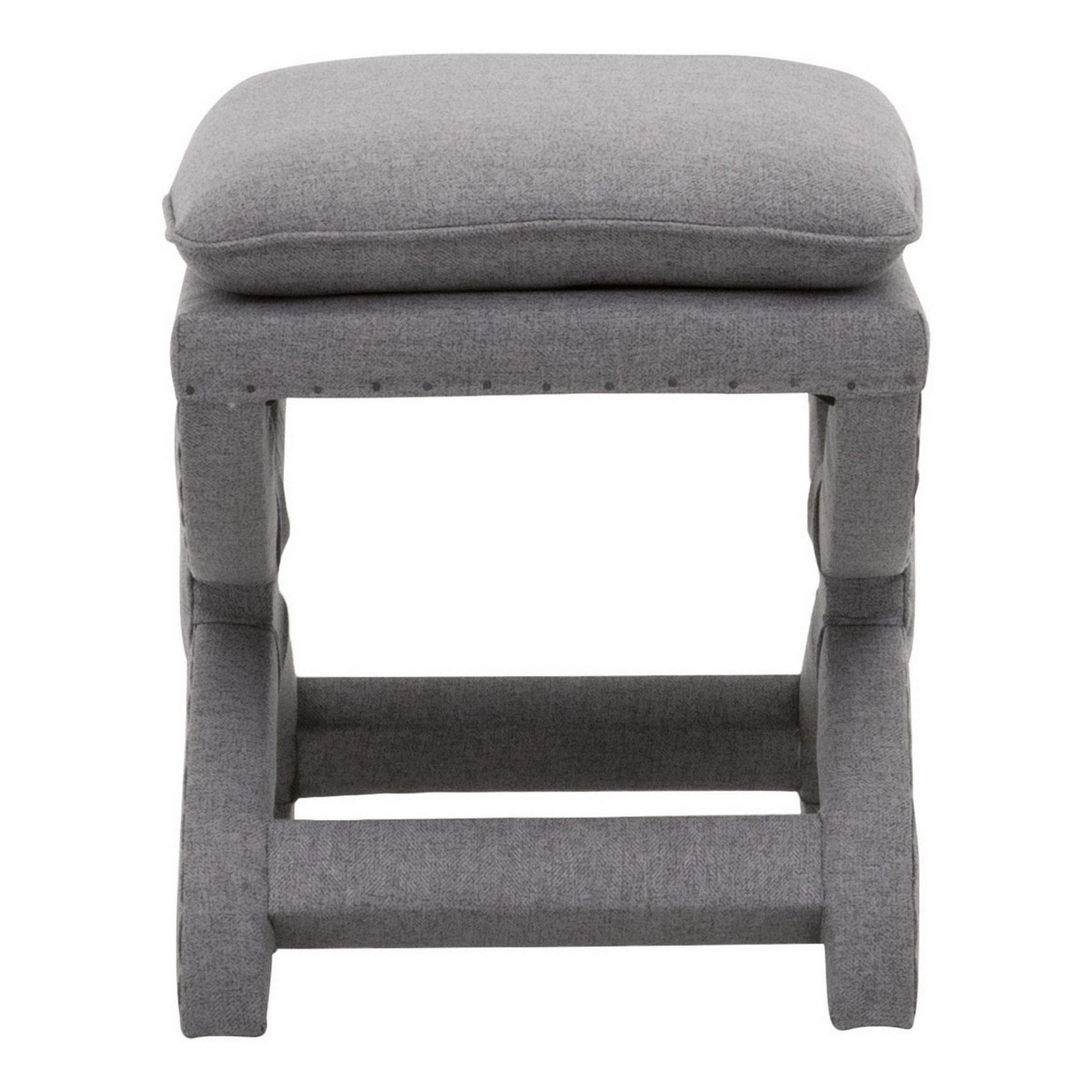 Benzara BM282132 23" Gray Fabric Upholstered Ottoman with Plush Cushion and Curved X Frame