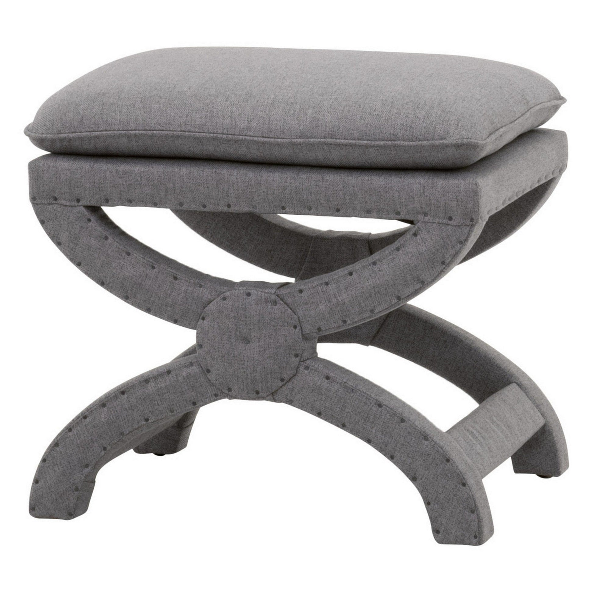 Benzara BM282132 23" Gray Fabric Upholstered Ottoman with Plush Cushion and Curved X Frame