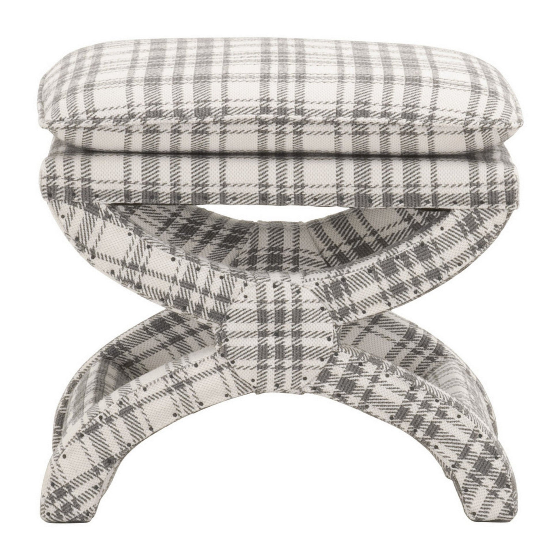 Benzara BM282133 Elly 23" Gray and White Plaid Plush Fabric Ottoman with Curved X Frame