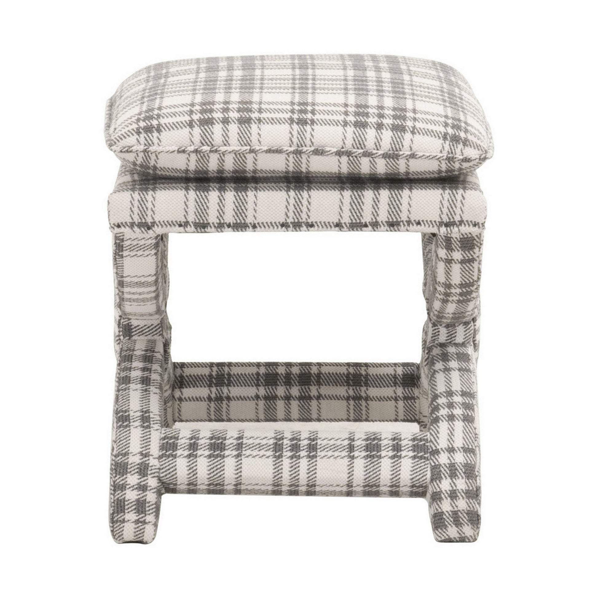 Benzara BM282133 Elly 23" Gray and White Plaid Plush Fabric Ottoman with Curved X Frame