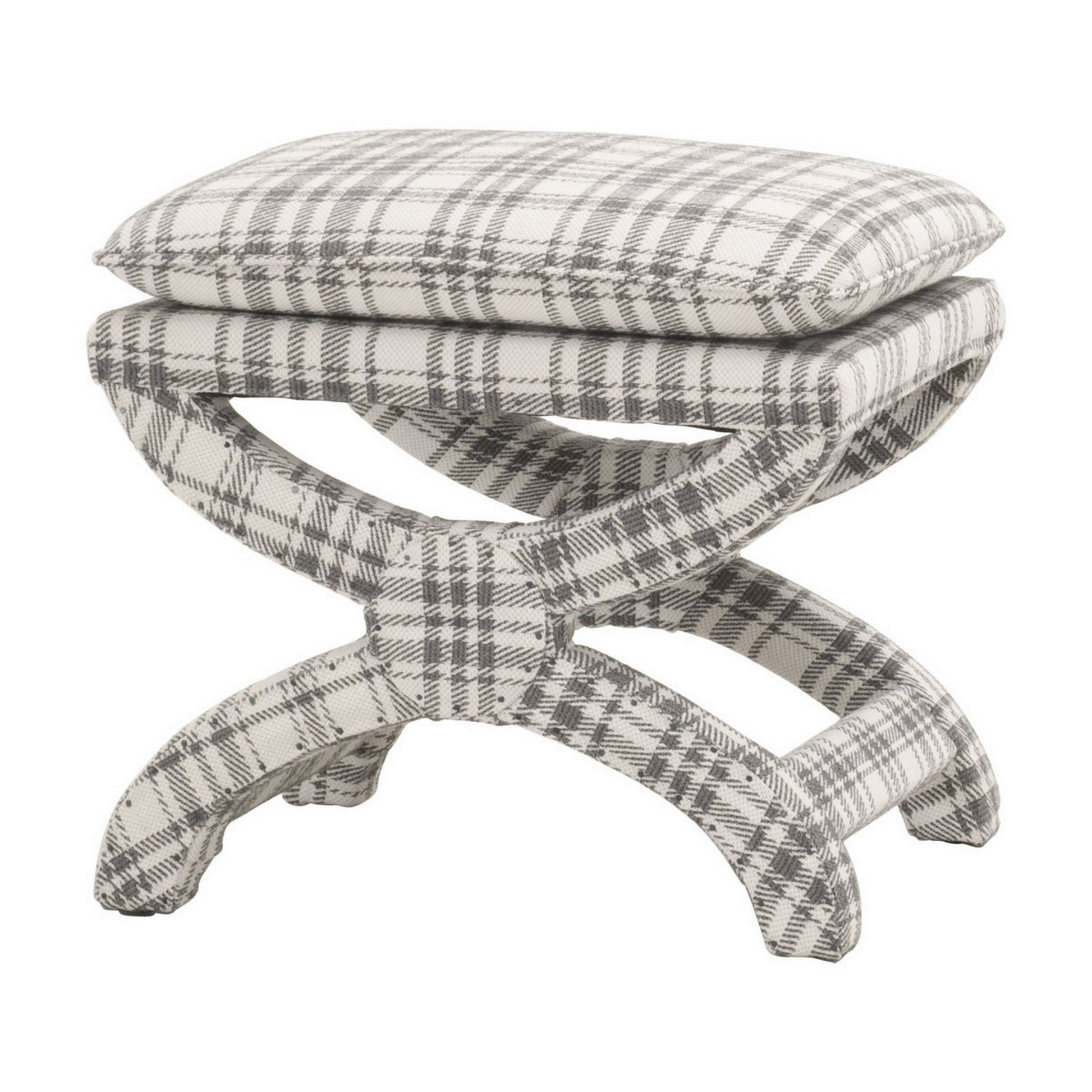 Benzara BM282133 Elly 23" Gray and White Plaid Plush Fabric Ottoman with Curved X Frame