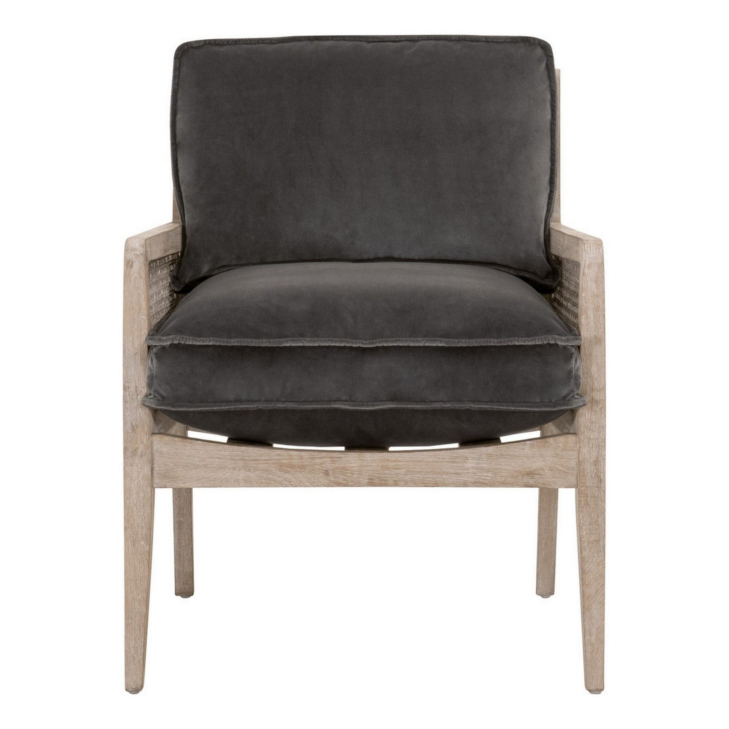 Benzara BM282134 27" Gray Brown Accent Armchair with Velvet Upholstery, Oak Wood, and Cane Rattan