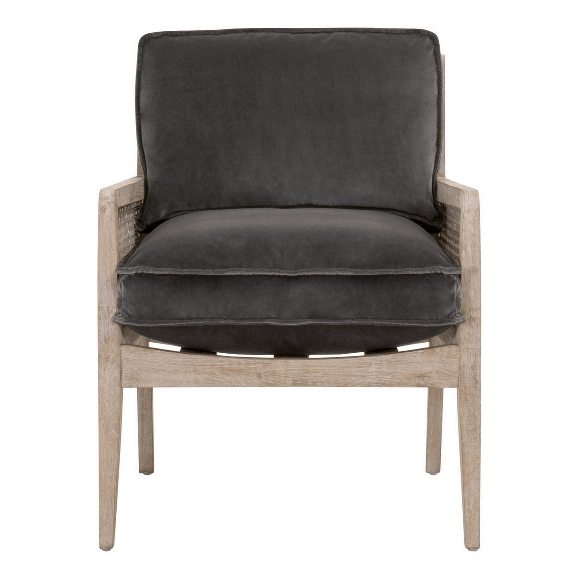 Benzara BM282134 27" Gray Brown Accent Armchair with Velvet Upholstery, Oak Wood, and Cane Rattan