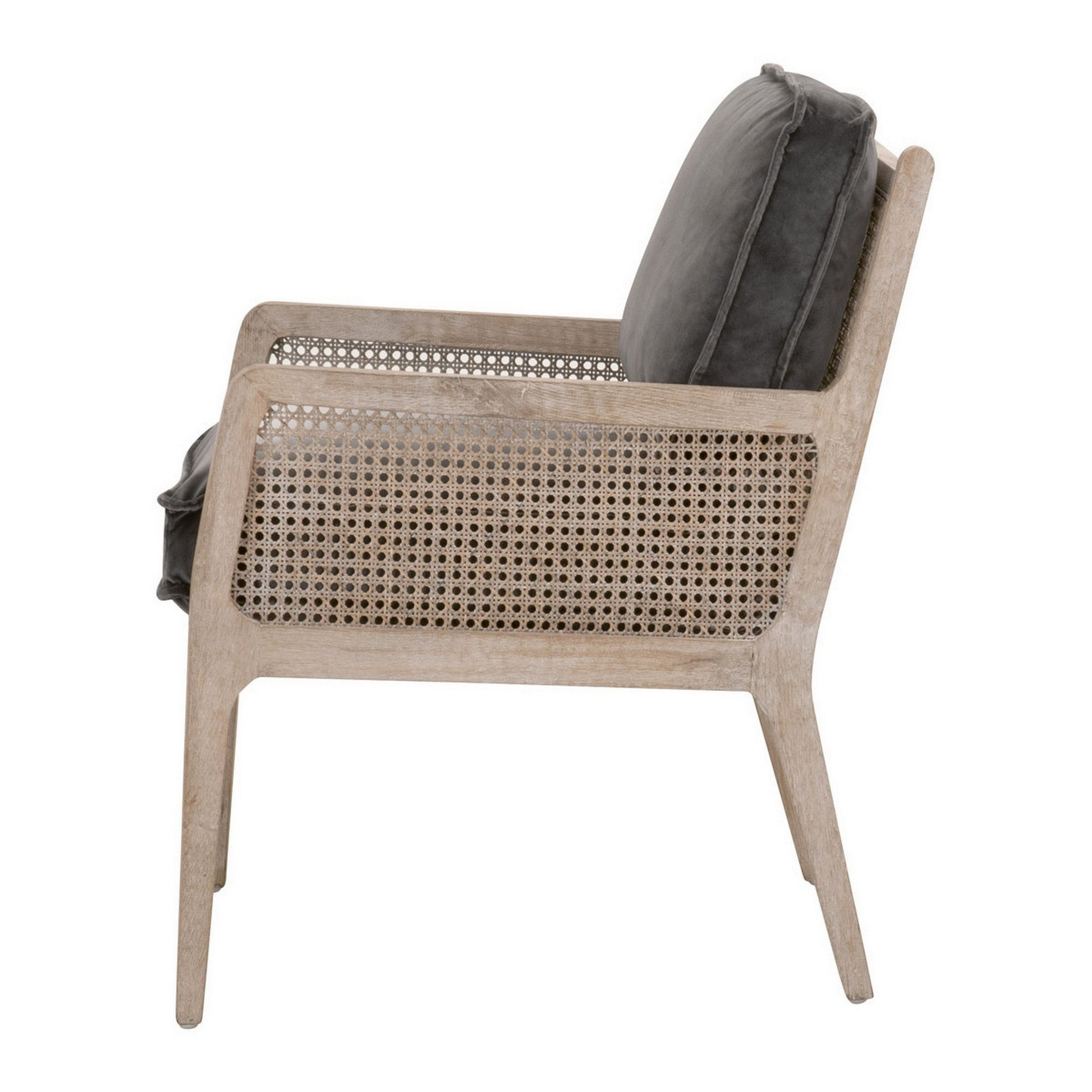 Benzara BM282134 27" Gray Brown Accent Armchair with Velvet Upholstery, Oak Wood, and Cane Rattan