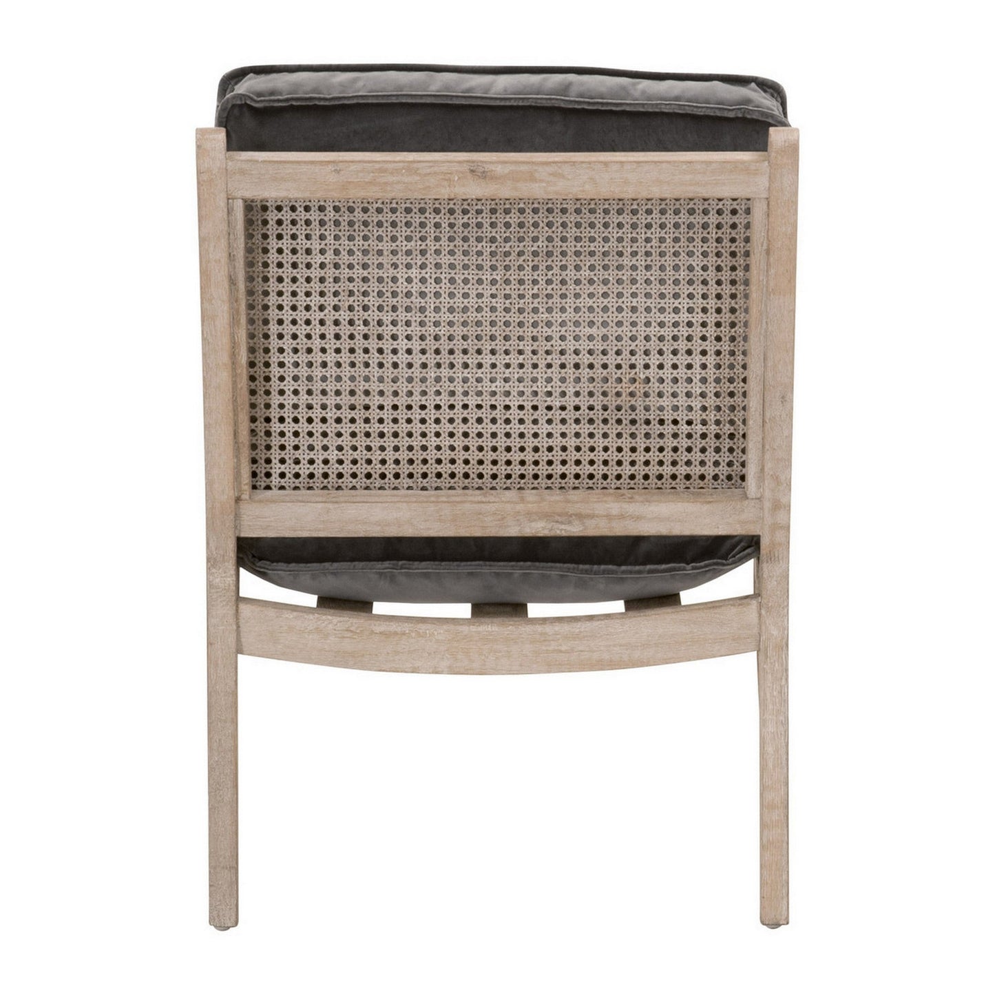 Benzara BM282134 27" Gray Brown Accent Armchair with Velvet Upholstery, Oak Wood, and Cane Rattan