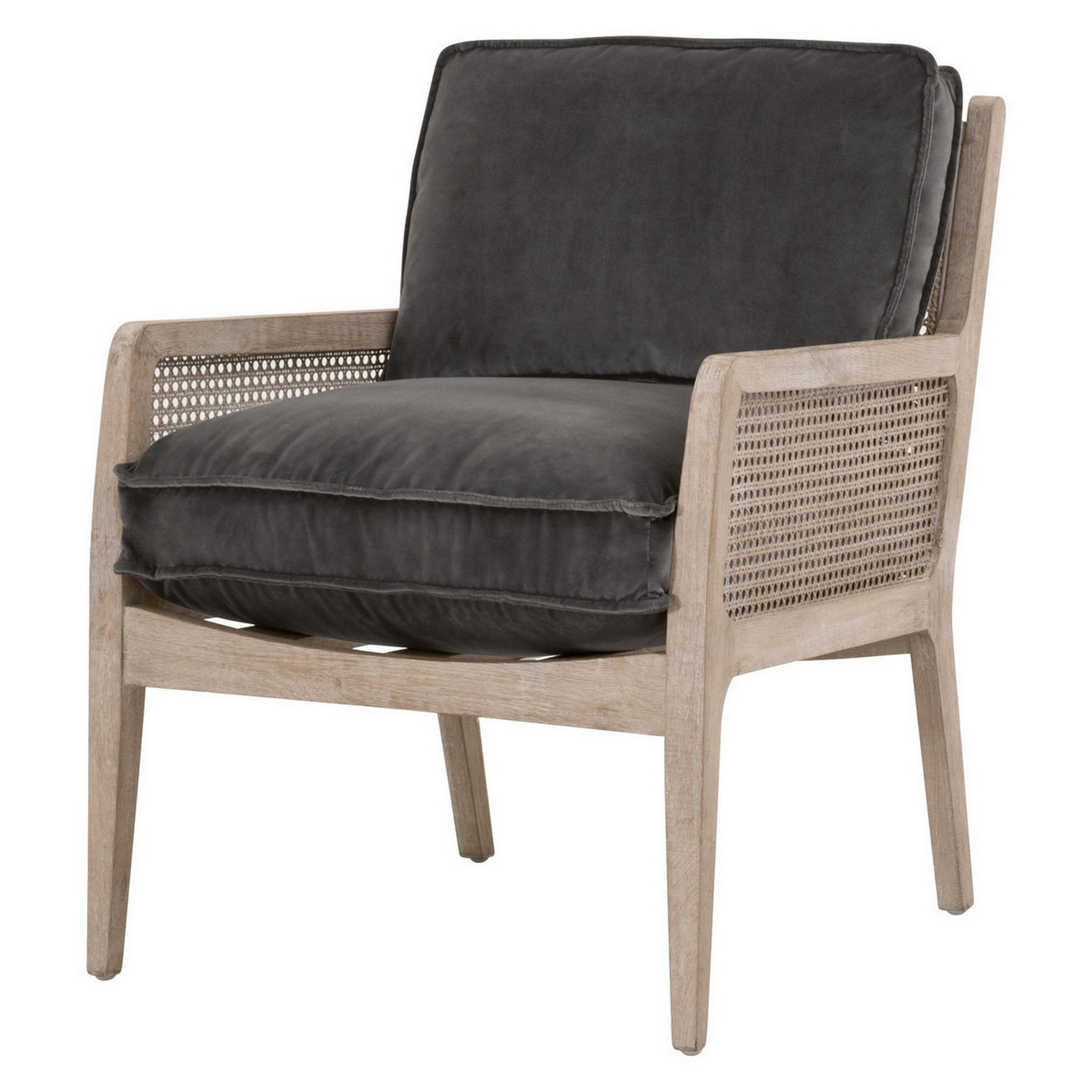 Benzara BM282134 27" Gray Brown Accent Armchair with Velvet Upholstery, Oak Wood, and Cane Rattan