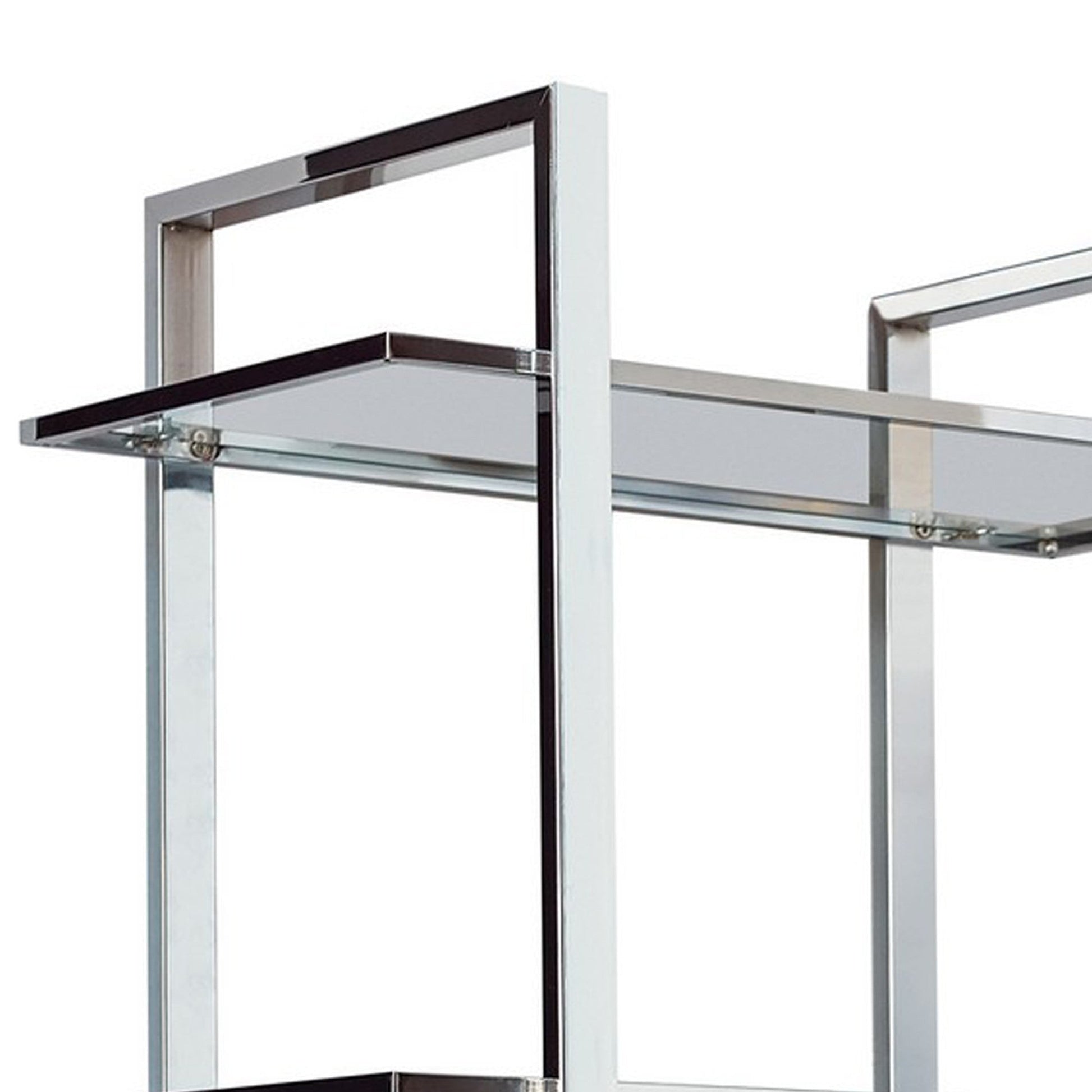 Benzara BM282971 79" Polished Silver Metal Frame Bookcase With Tempered Glass Shelves