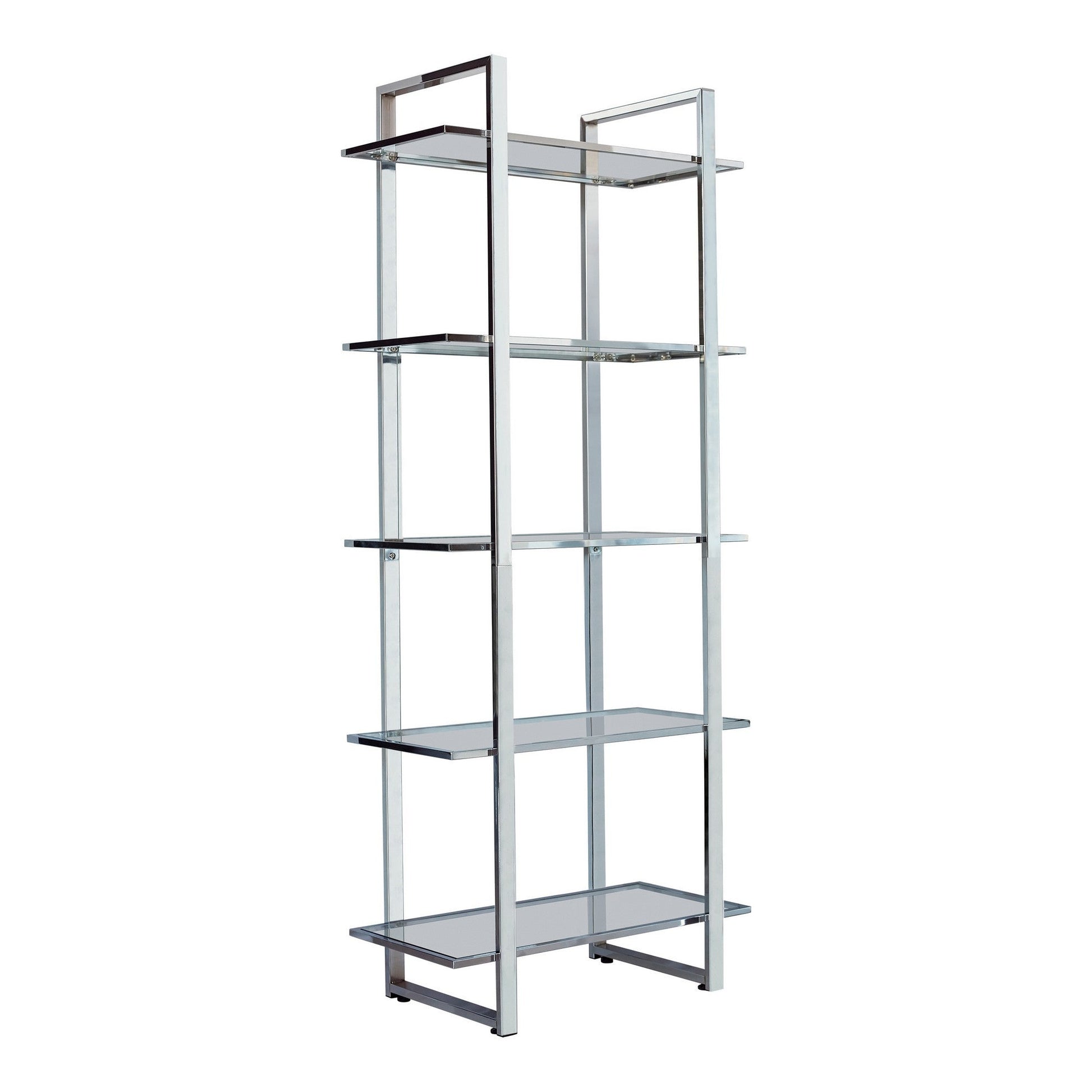 Benzara BM282971 79" Polished Silver Metal Frame Bookcase With Tempered Glass Shelves