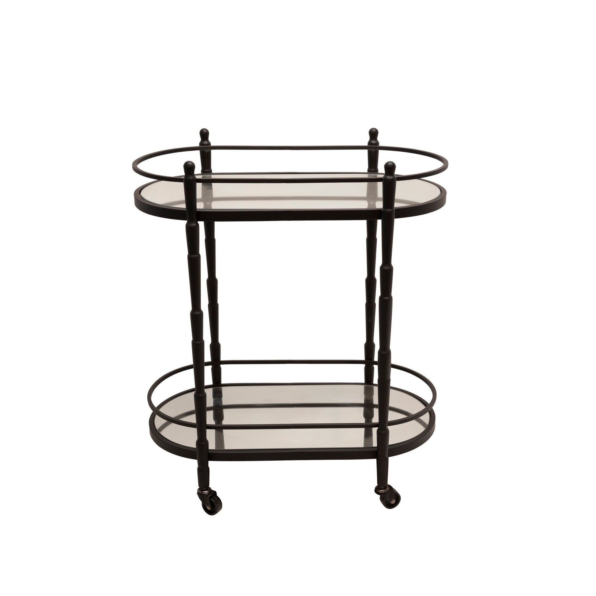 Benzara BM283413 Kai 28" Black 2-Tier Modern Rolling Bar Cart with Classic Oval Metal Frame