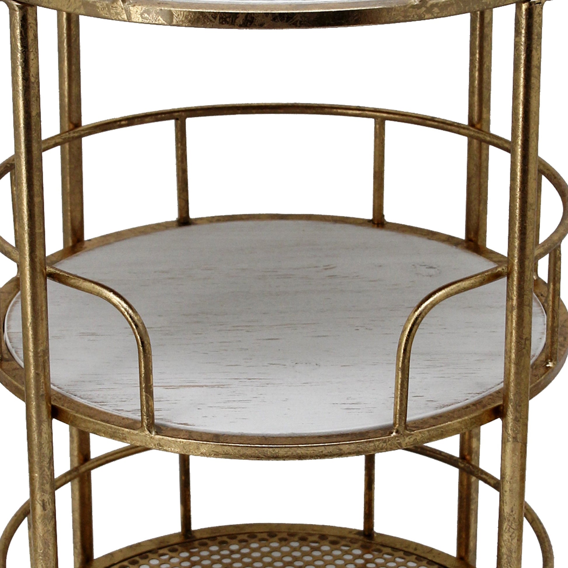 Benzara BM283415 30" 3-Tier Modern Bar Cart with Solid Wood, Mesh Panels, and Gold Metal Frame