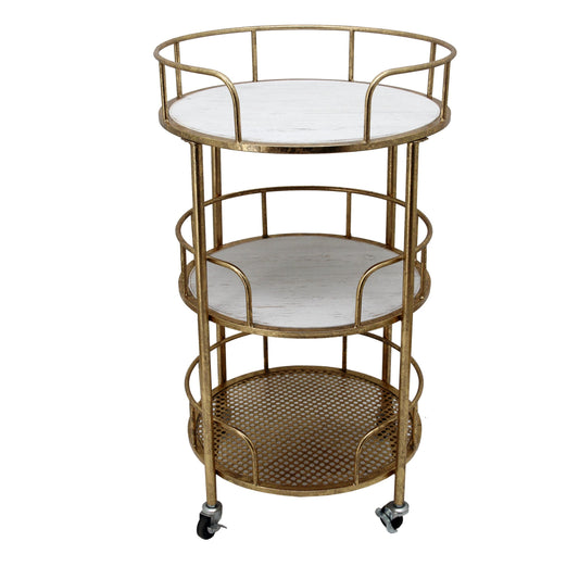 Benzara BM283415 30" 3-Tier Modern Bar Cart with Solid Wood, Mesh Panels, and Gold Metal Frame