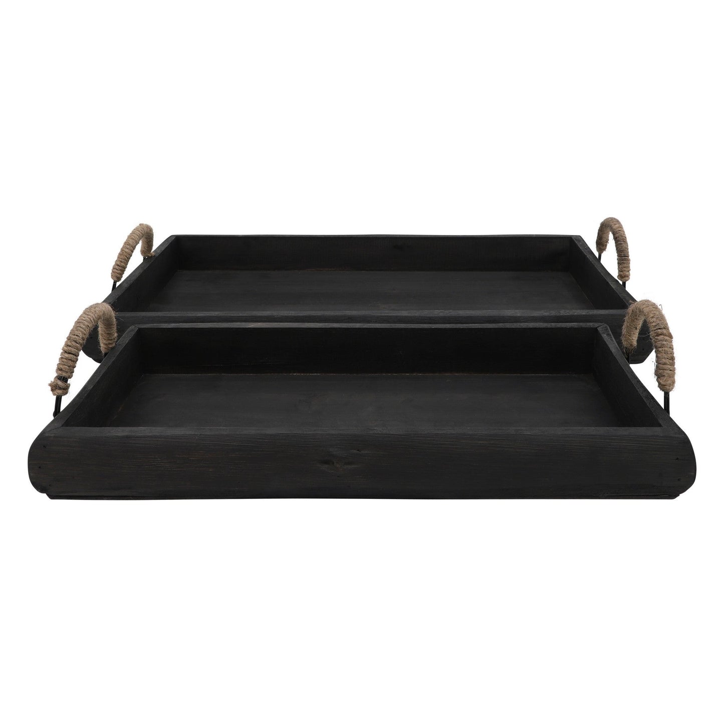 Benzara BM283431 24" and 20" Black 2-Piece Wood Serving Tray Set with Woven Rope Metal Handles