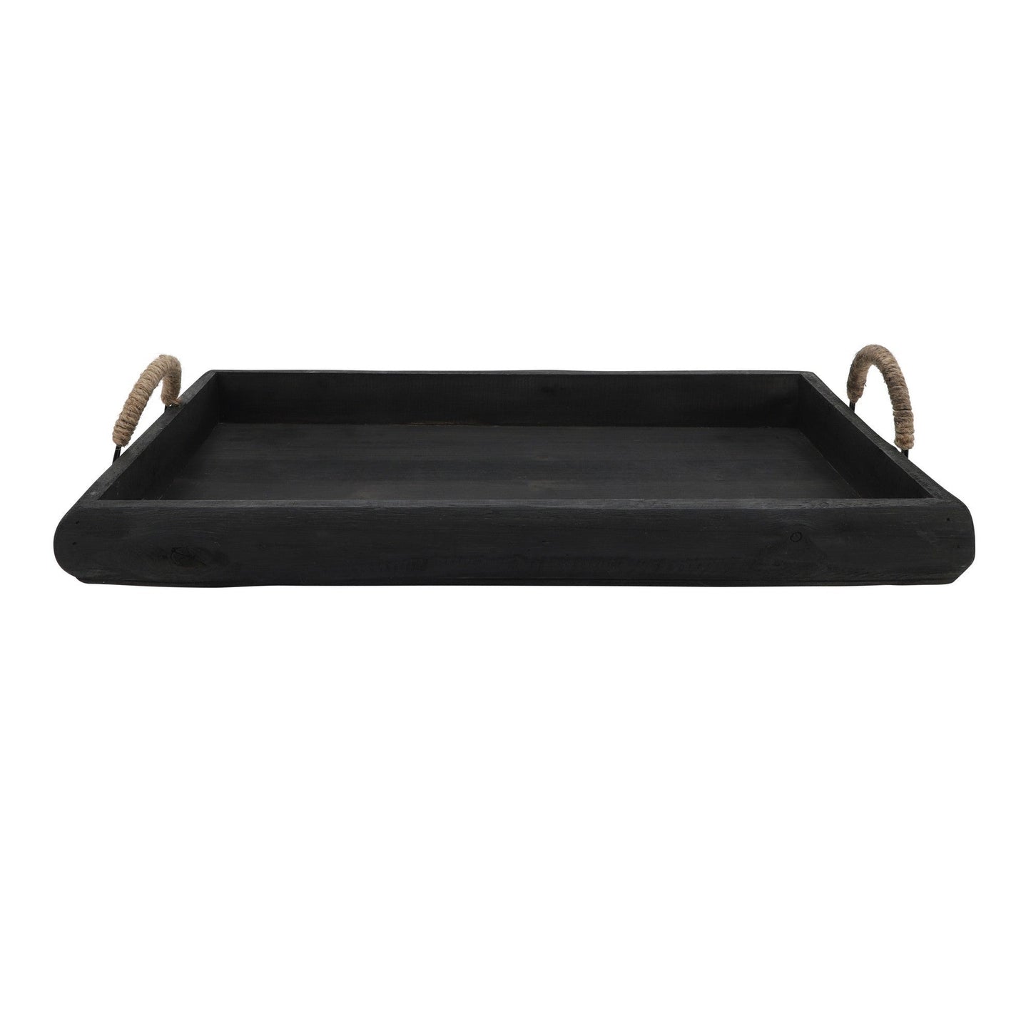 Benzara BM283431 24" and 20" Black 2-Piece Wood Serving Tray Set with Woven Rope Metal Handles