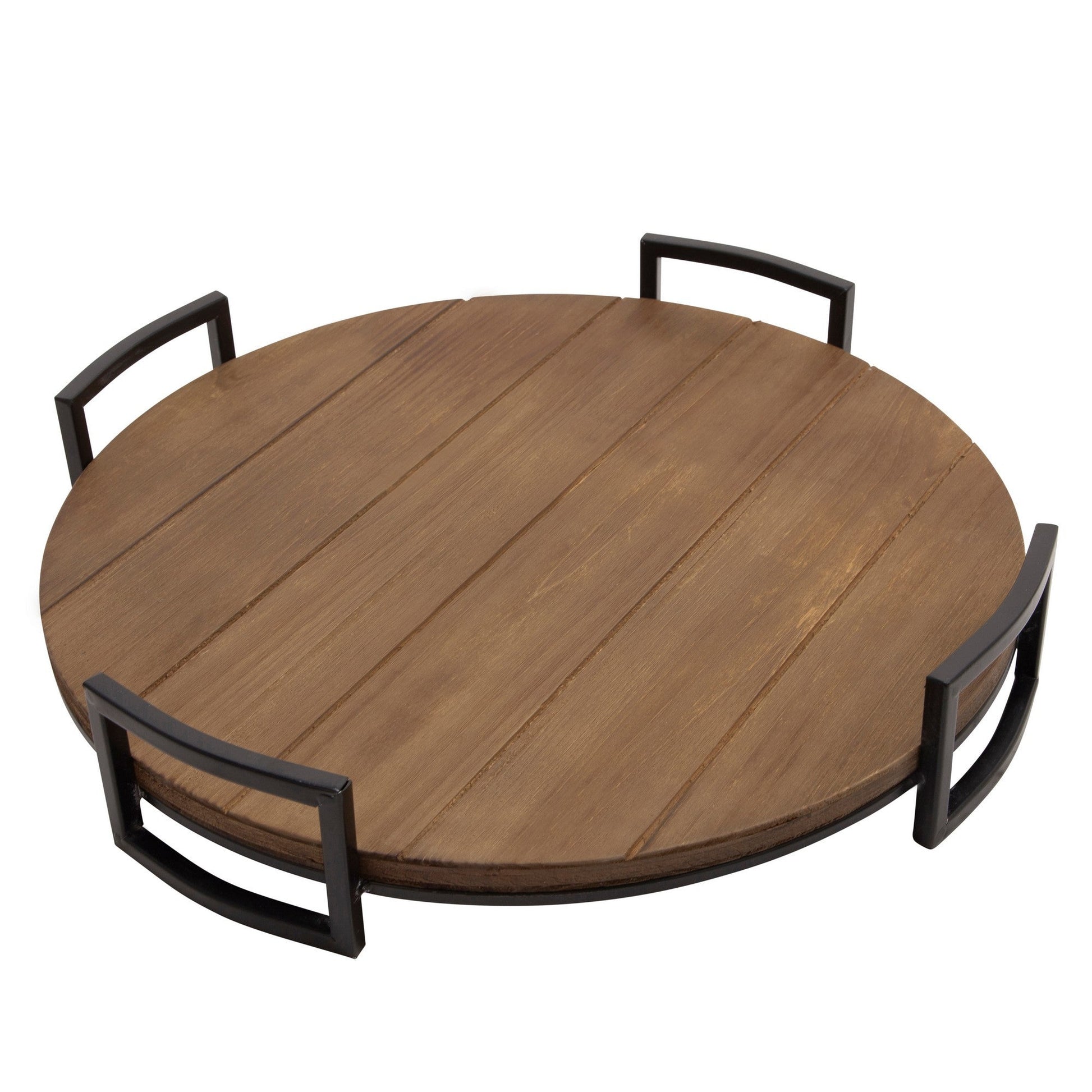 Benzara BM283433 18" Brown and Black Round Wood Tray Set of 2 with Metal Handles and Grooved Design