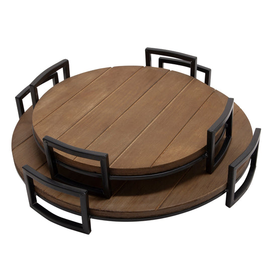 Benzara BM283433 18" Brown and Black Round Wood Tray Set of 2 with Metal Handles and Grooved Design