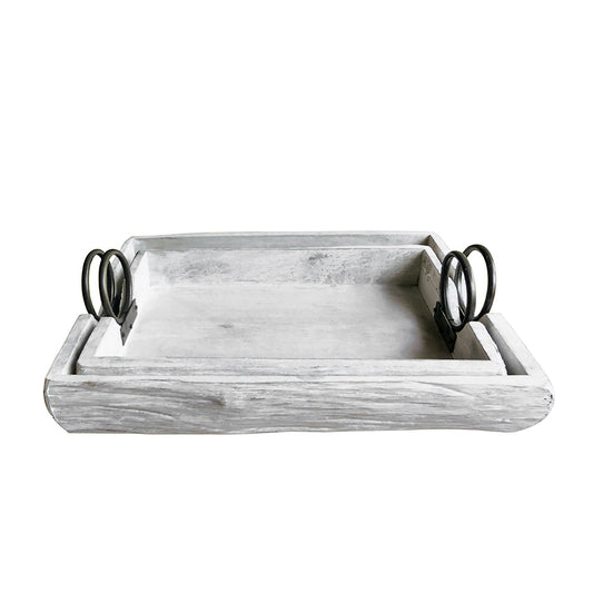 Benzara BM283434 19" and 17" White Rustic Rectangular Live Edge Wood Serving Tray, Set of 2