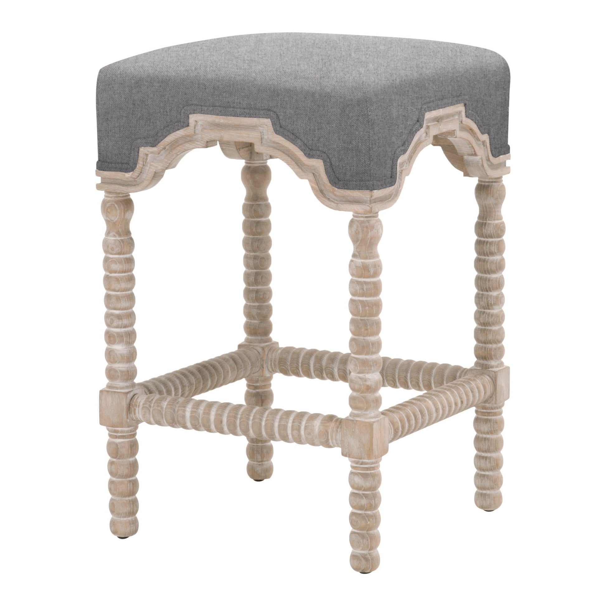 Benzara BM283499 27" Coastal Counter Height Wood Stool with Double Welt and Gray Fabric Seat