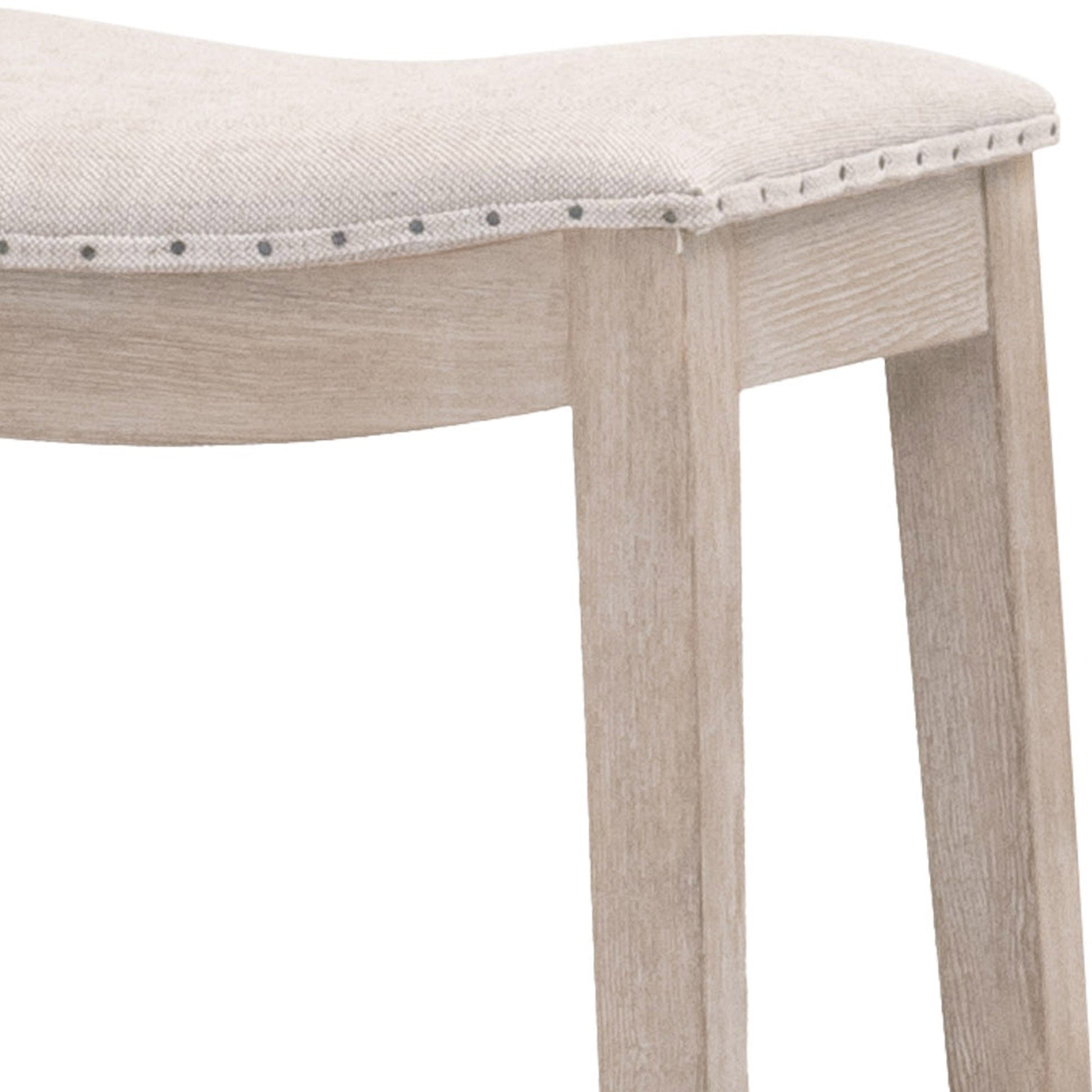 Benzara BM283500 27" Coastal Counter Height Wood Stool with Nailhead Trim and Gray Fabric Seat