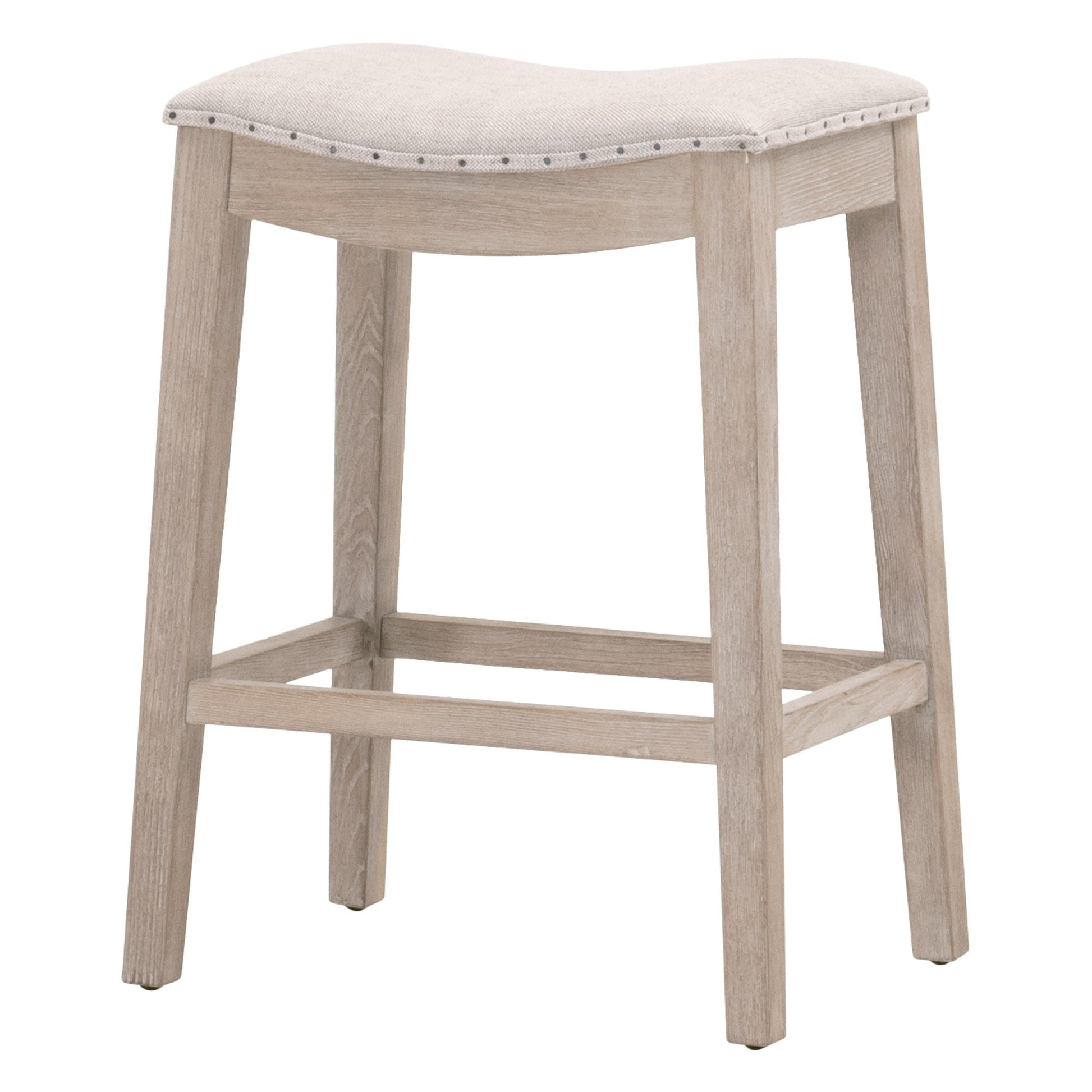 Benzara BM283500 27" Coastal Counter Height Wood Stool with Nailhead Trim and Gray Fabric Seat