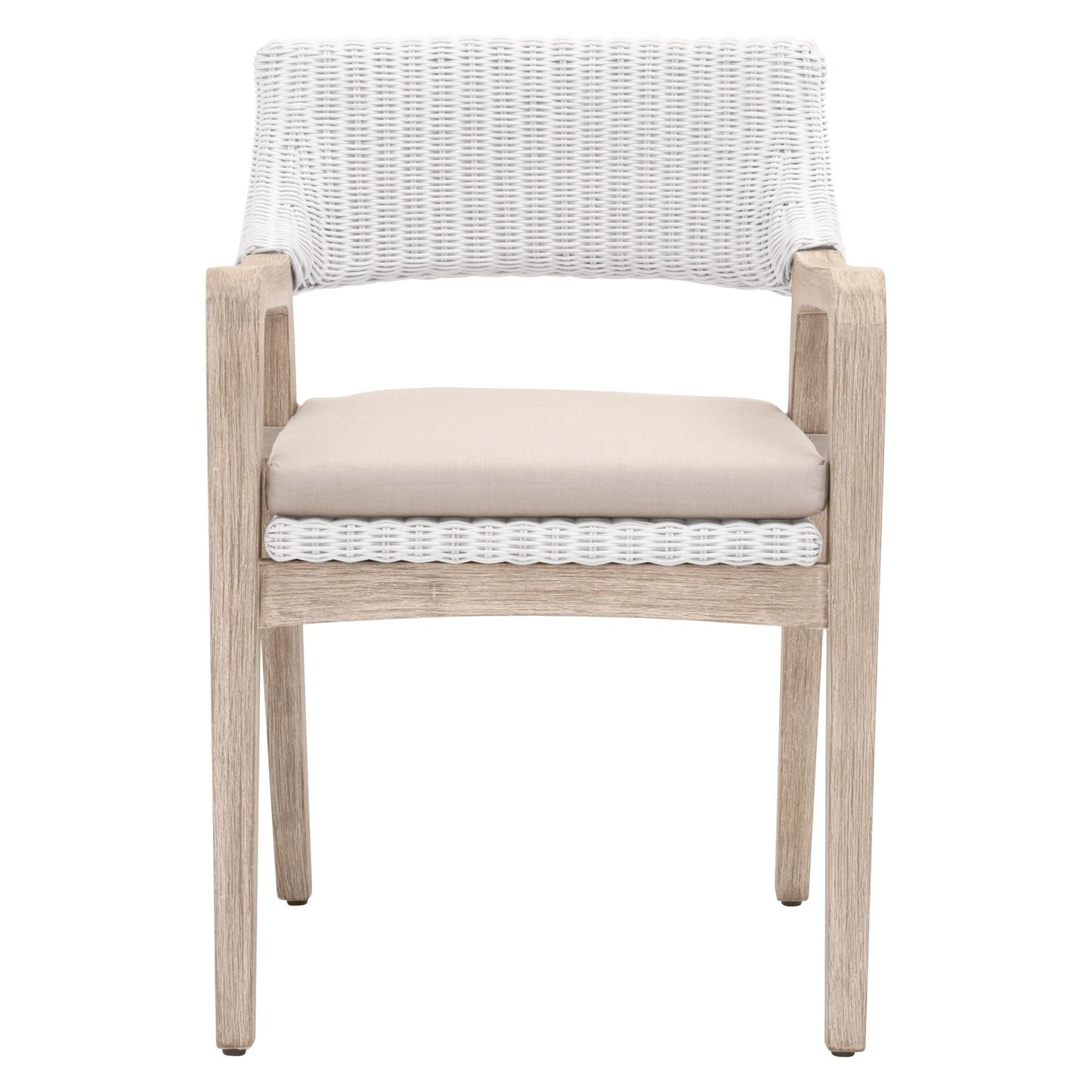 Benzara BM283502 22" White and Gray Fabric Classic Wood Armchair with Rattan and Double Cushion