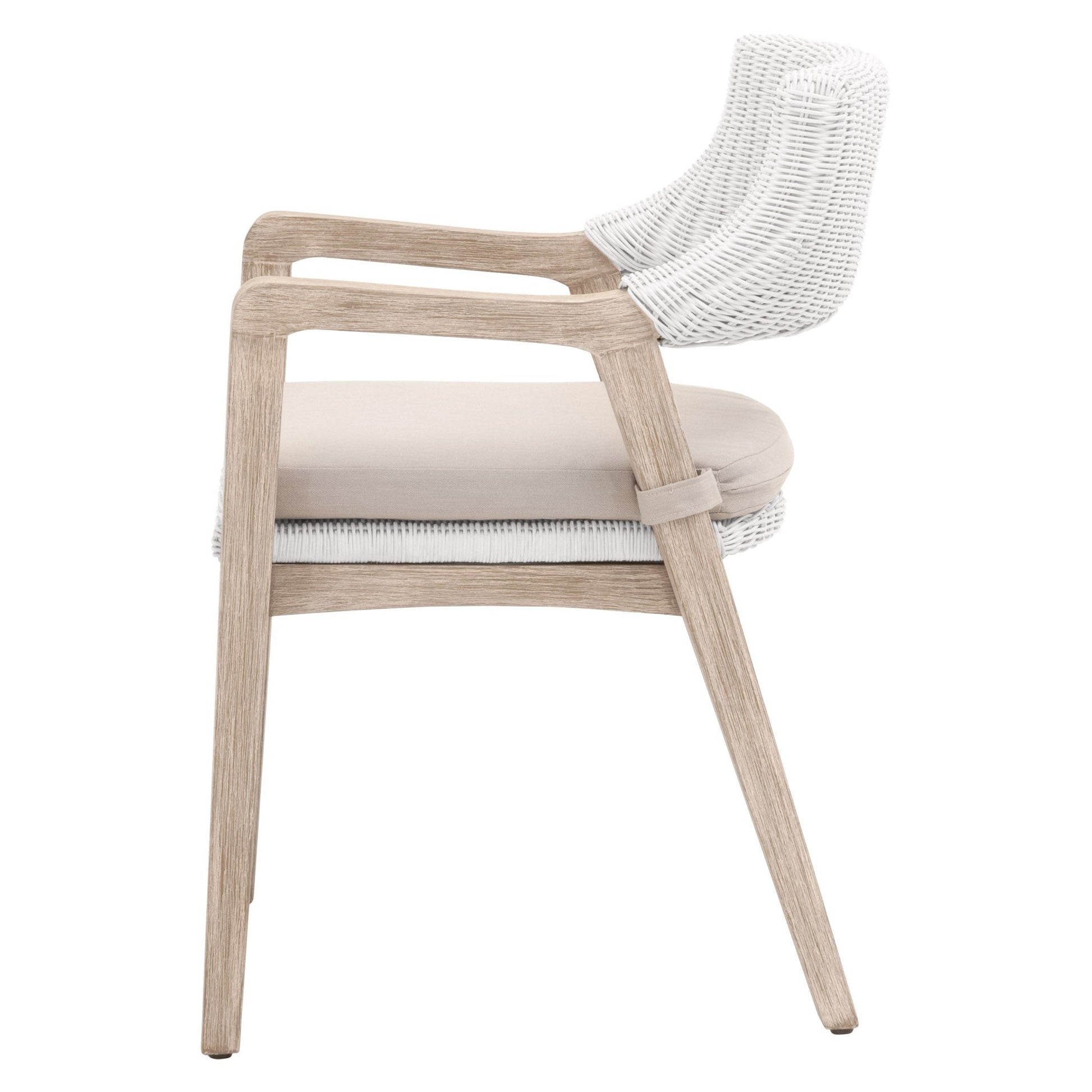 Benzara BM283502 22" White and Gray Fabric Classic Wood Armchair with Rattan and Double Cushion