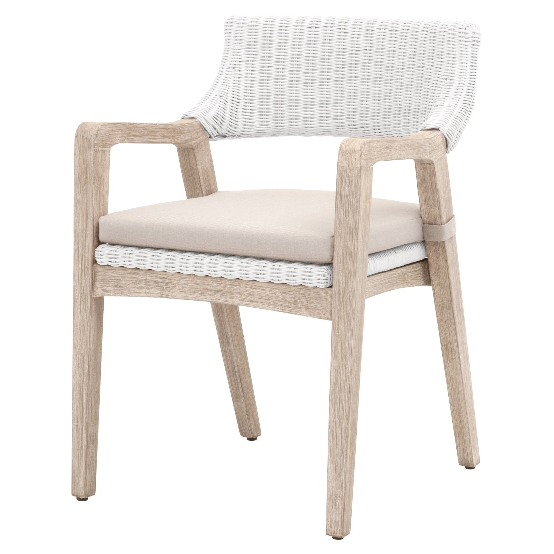 Benzara BM283502 22" White and Gray Fabric Classic Wood Armchair with Rattan and Double Cushion