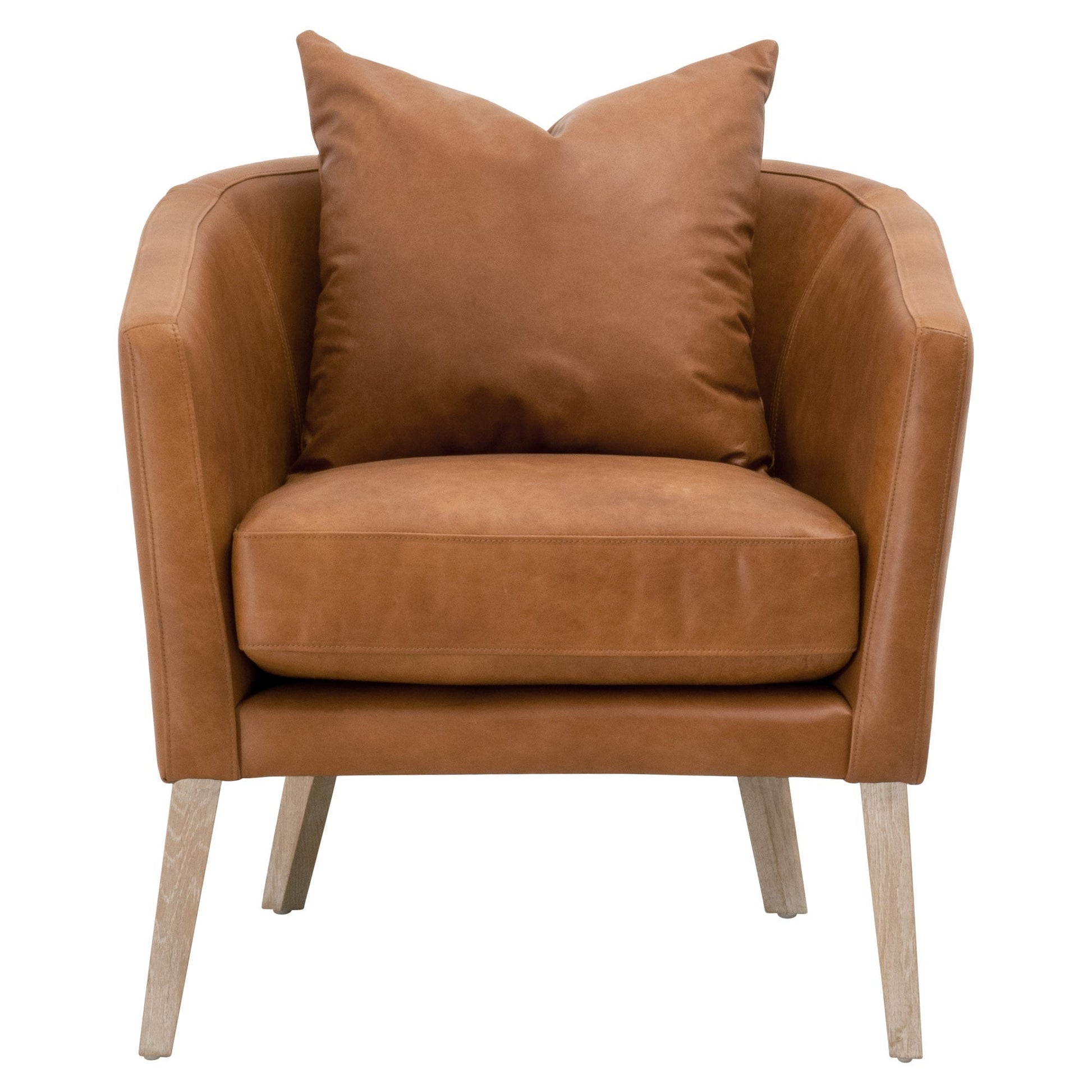 Benzara BM283503 30" Brown Modern Wood Club Armchair with Top Grain Leather and Angled Legs