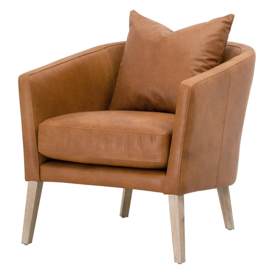 Benzara BM283503 30" Brown Modern Wood Club Armchair with Top Grain Leather and Angled Legs