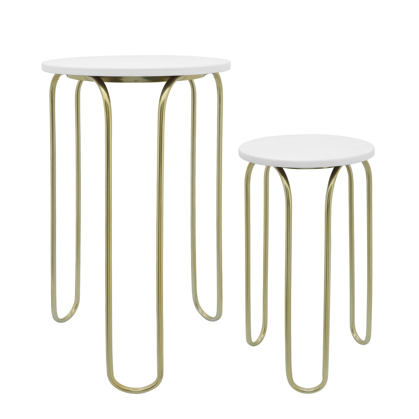 Benzara BM283542 28" and 22" White and Gold 2-Piece Nesting End Table Set with Round Wood Top and Metal Base