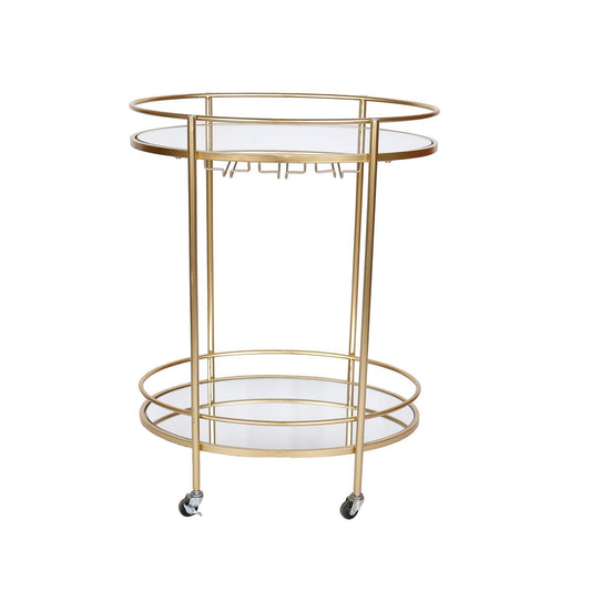 Benzara BM283572 32" Gold Modern Metal Bar Cart with Oval Shape, Mirrored Shelves, and Stemware Rack