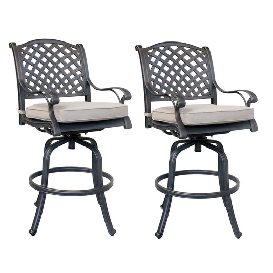 Benzara BM283965 Zoe 28" Dark Bronze and Beige Outdoor Swivel Bar Stool with Cushion, Set of 2