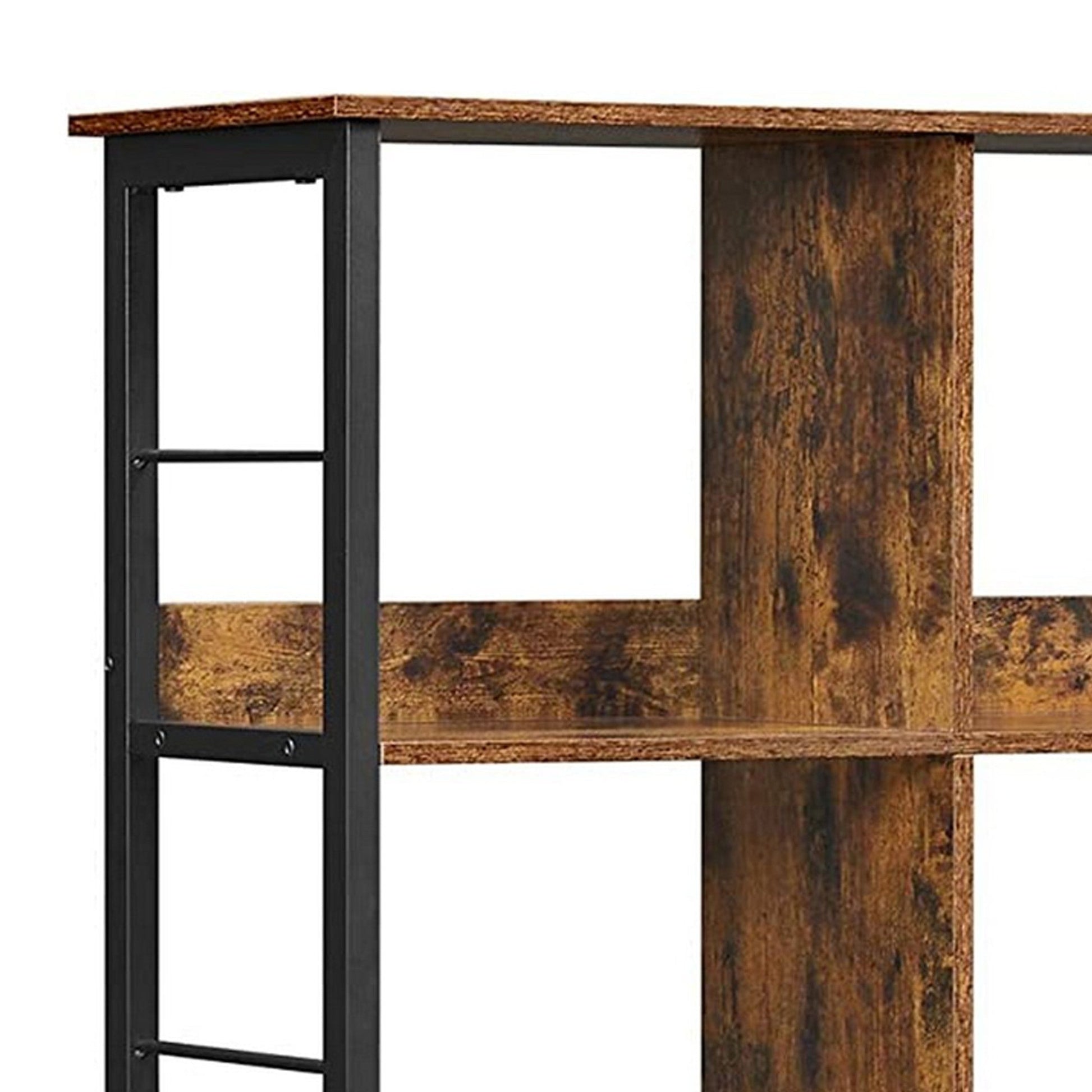 Benzara BM284545 Ann 59" Brown Rustic Style Wood Bookshelf With 4 Shelves and Panel Divider